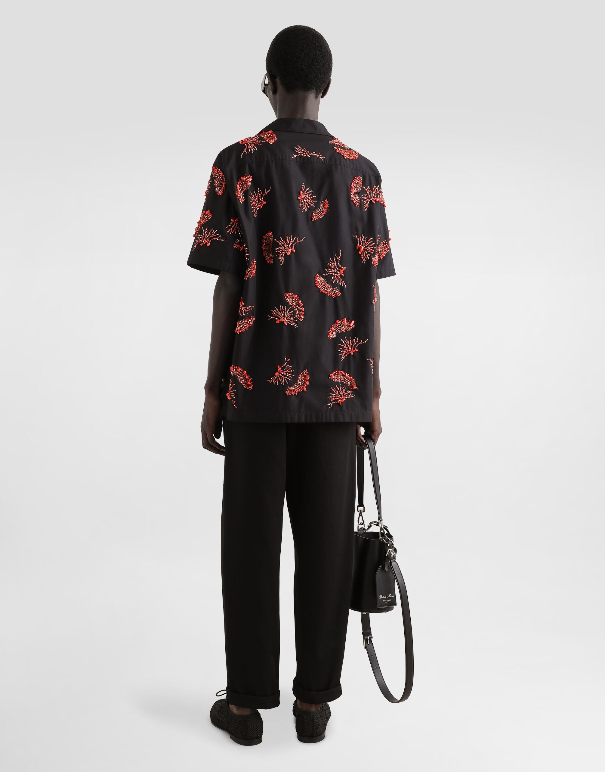 Short-sleeved cotton shirt with coral embroidery - 3