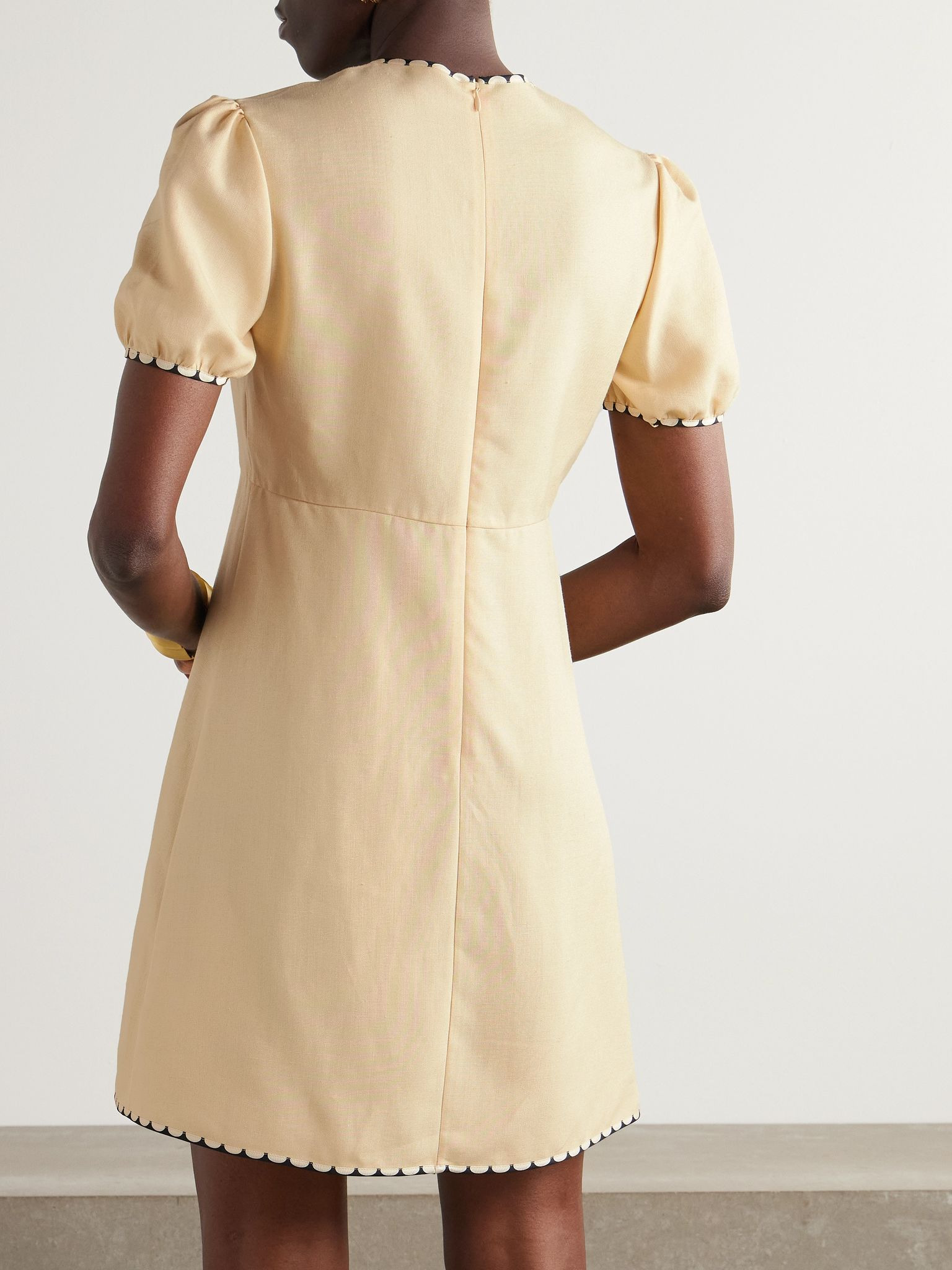 Printed twill-trimmed embroidered woven mini dress Cream - 3