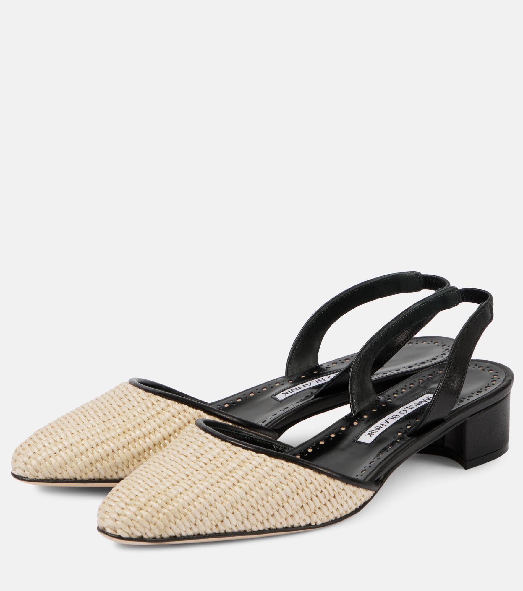 Raffro leather-trimmed raffia slingback pumps - 5