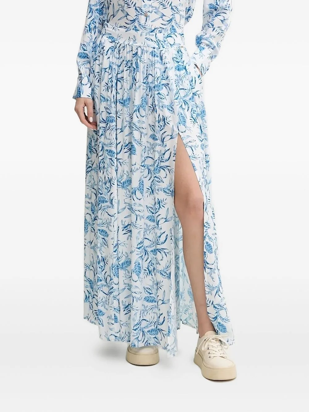 leaf-print side-split midi A-line skirt - 1