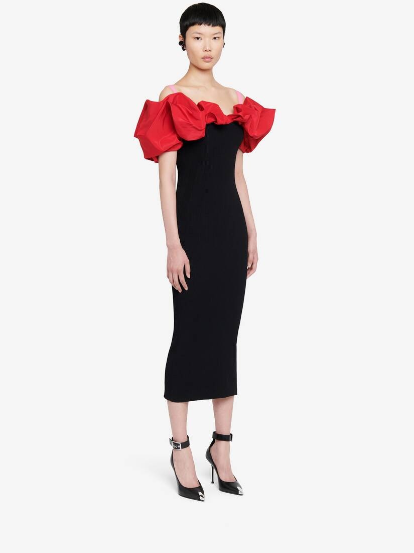 Women's Hybrid Ruffled Pencil Dress in Black/red/pink - 3