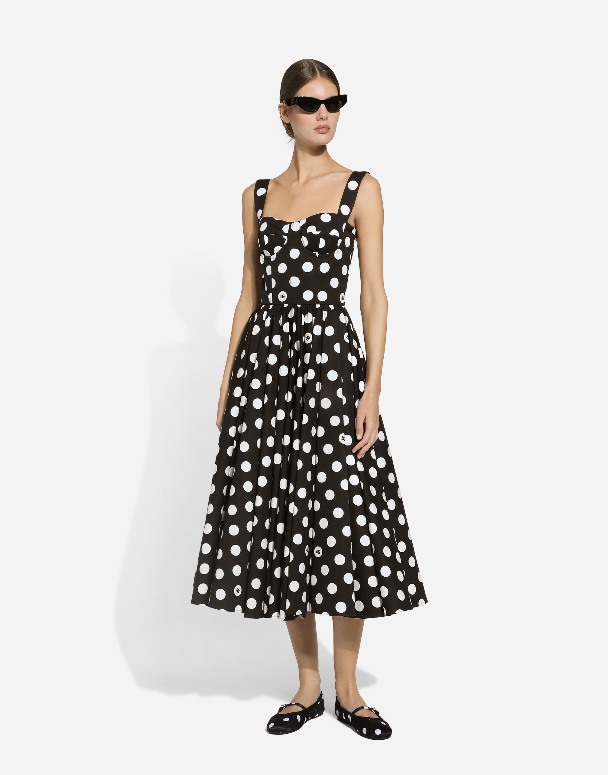 Cotton calf-length corset dress with polka-dot print - 5
