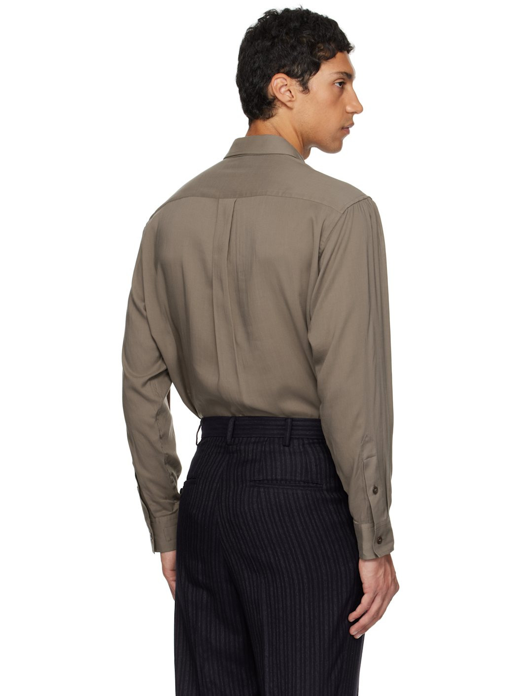 Khaki Cellulose Lawn 3Collar Sleeve Gather Shirt - 3