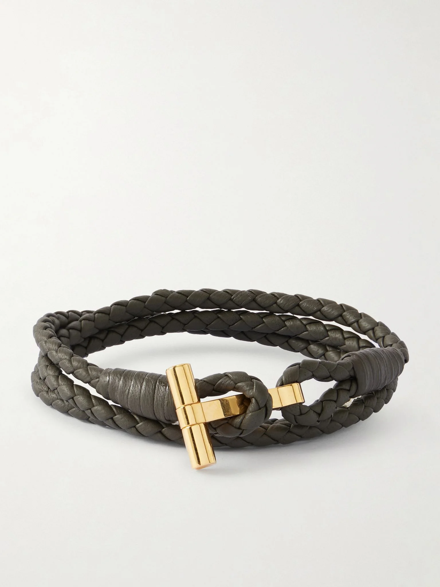Woven Leather and Gold-Plated Wrap Bracelet Green - 1