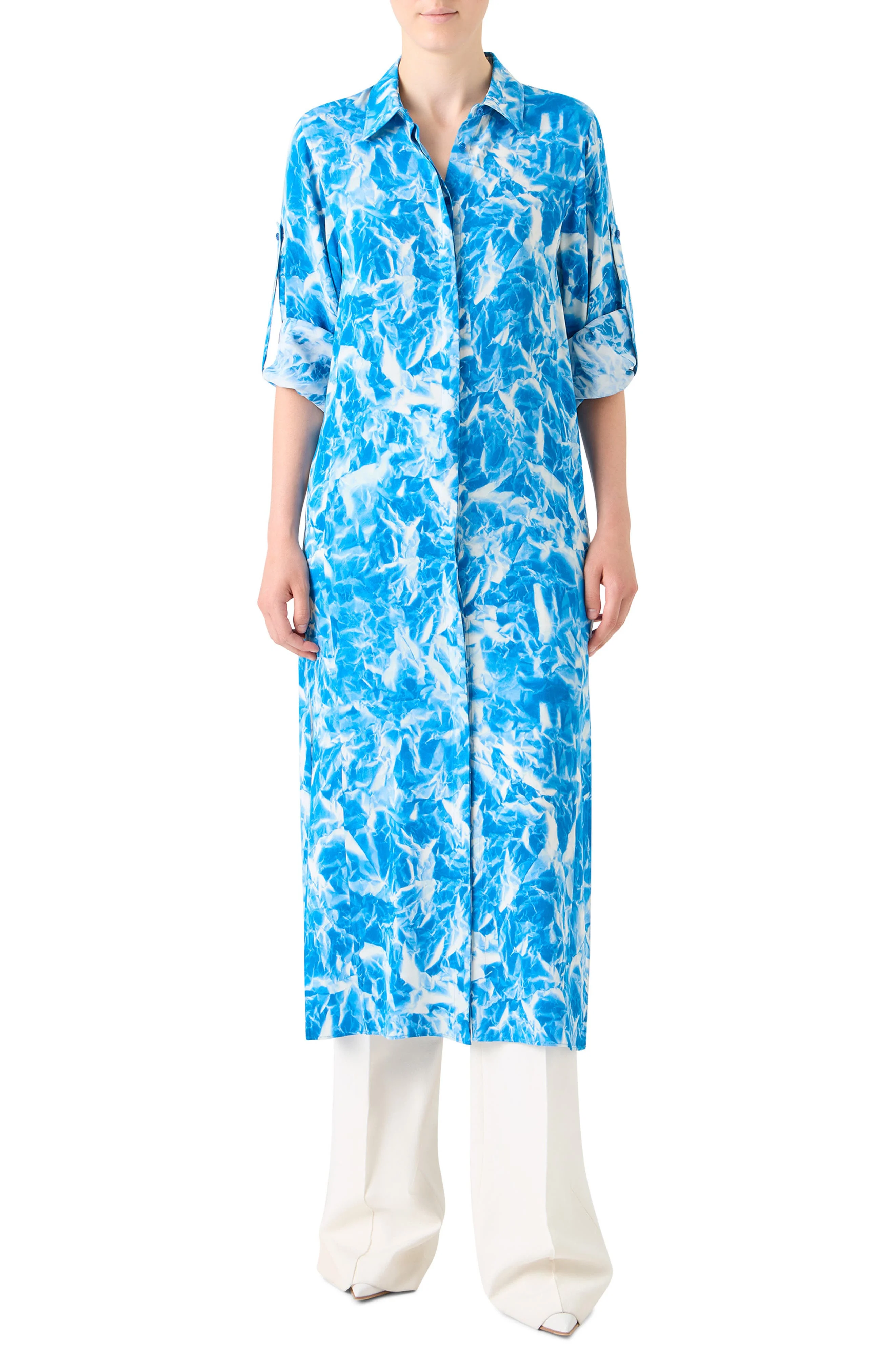 Akris Whitecaps Long Sleeve Midi Silk Shirtdress in Twilight/Ecru at Nordstrom - 1