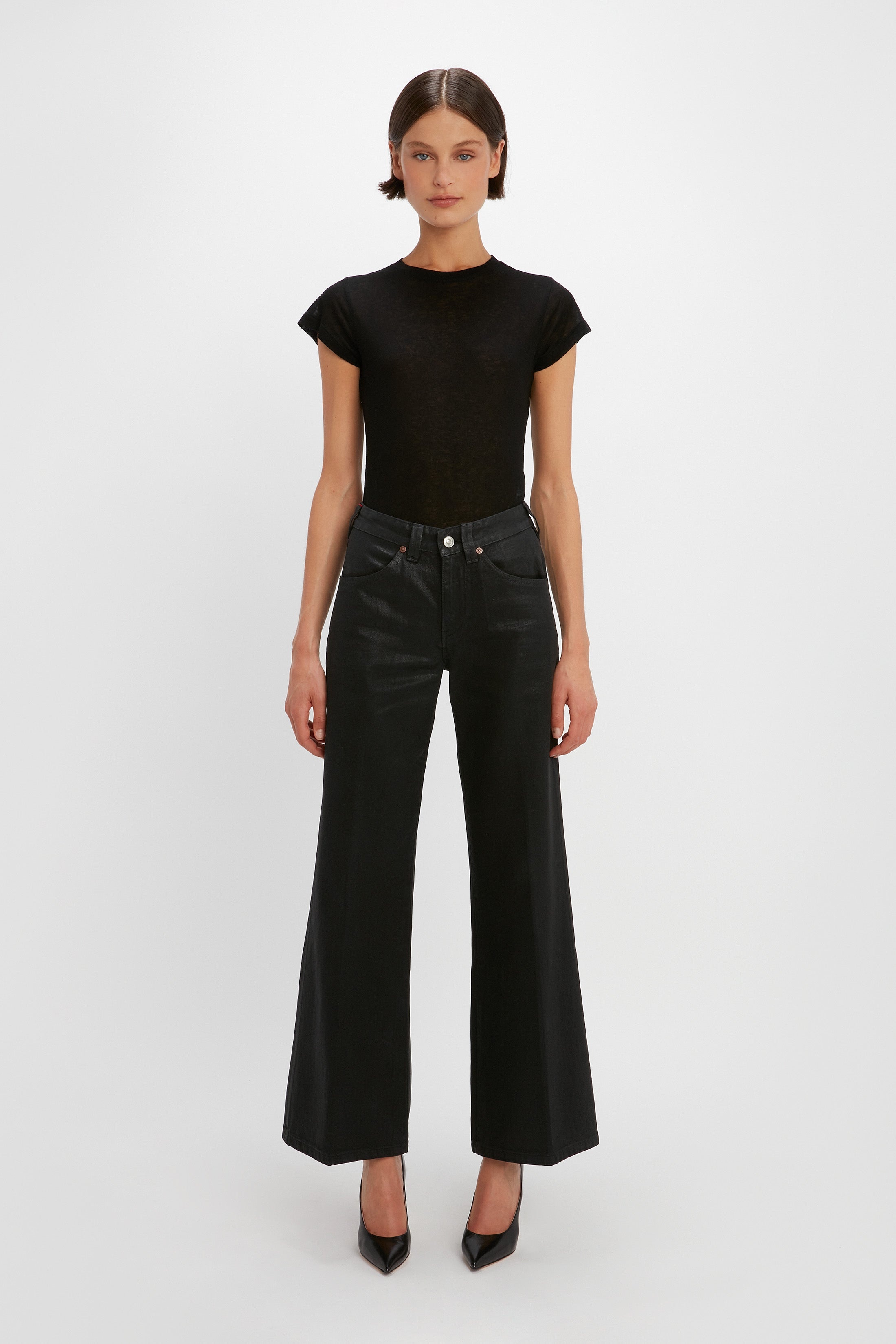 Edie Mid-Rise Kick Flare Jean in Black Gloss - 2