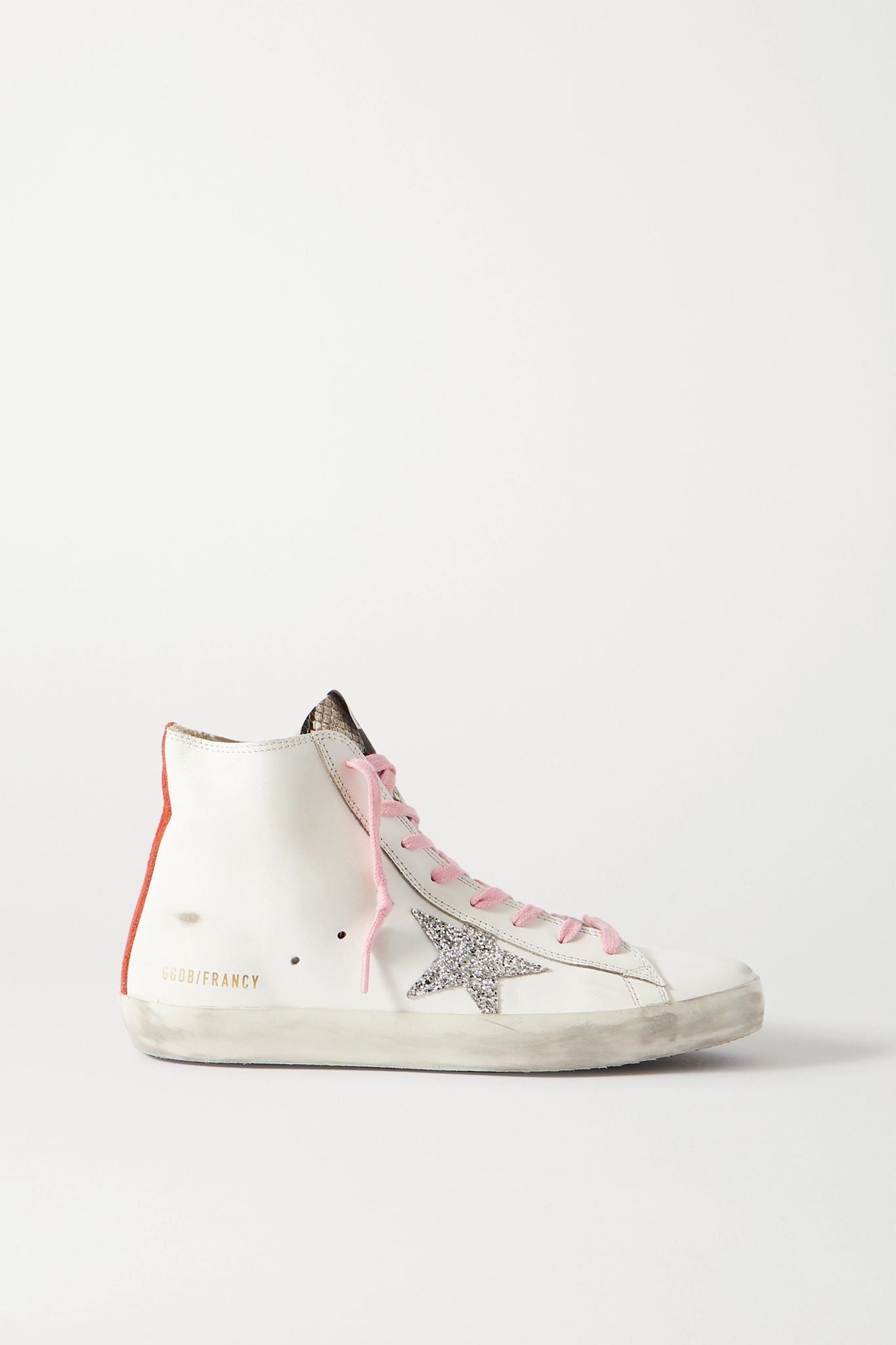 Francy glittered distressed leather and suede high-top sneakers - 1