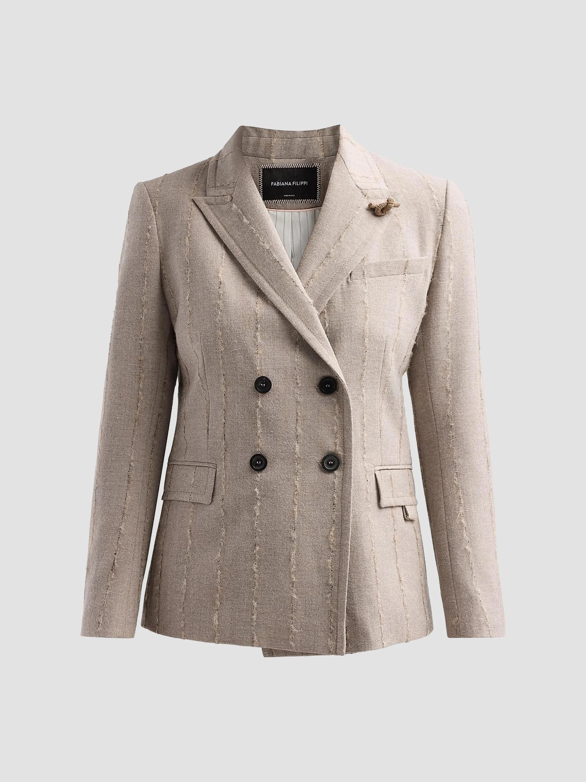 Women's Striped Virgin Wool-Blend Double-Breasted Blazer - Moka Meringa - 1