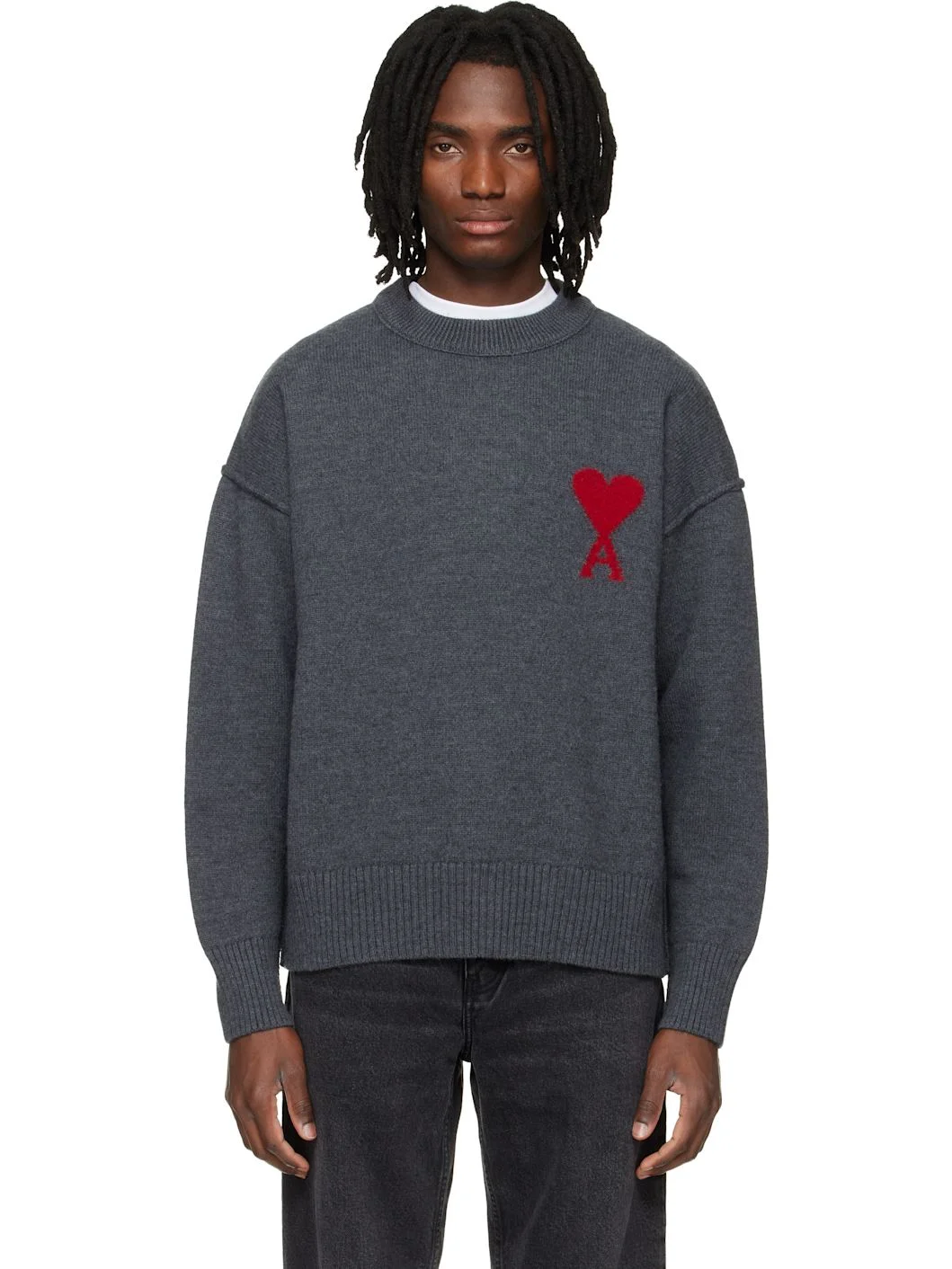 Gray Wool Contrasted Ami de Coeur Crewneck Sweater - 1