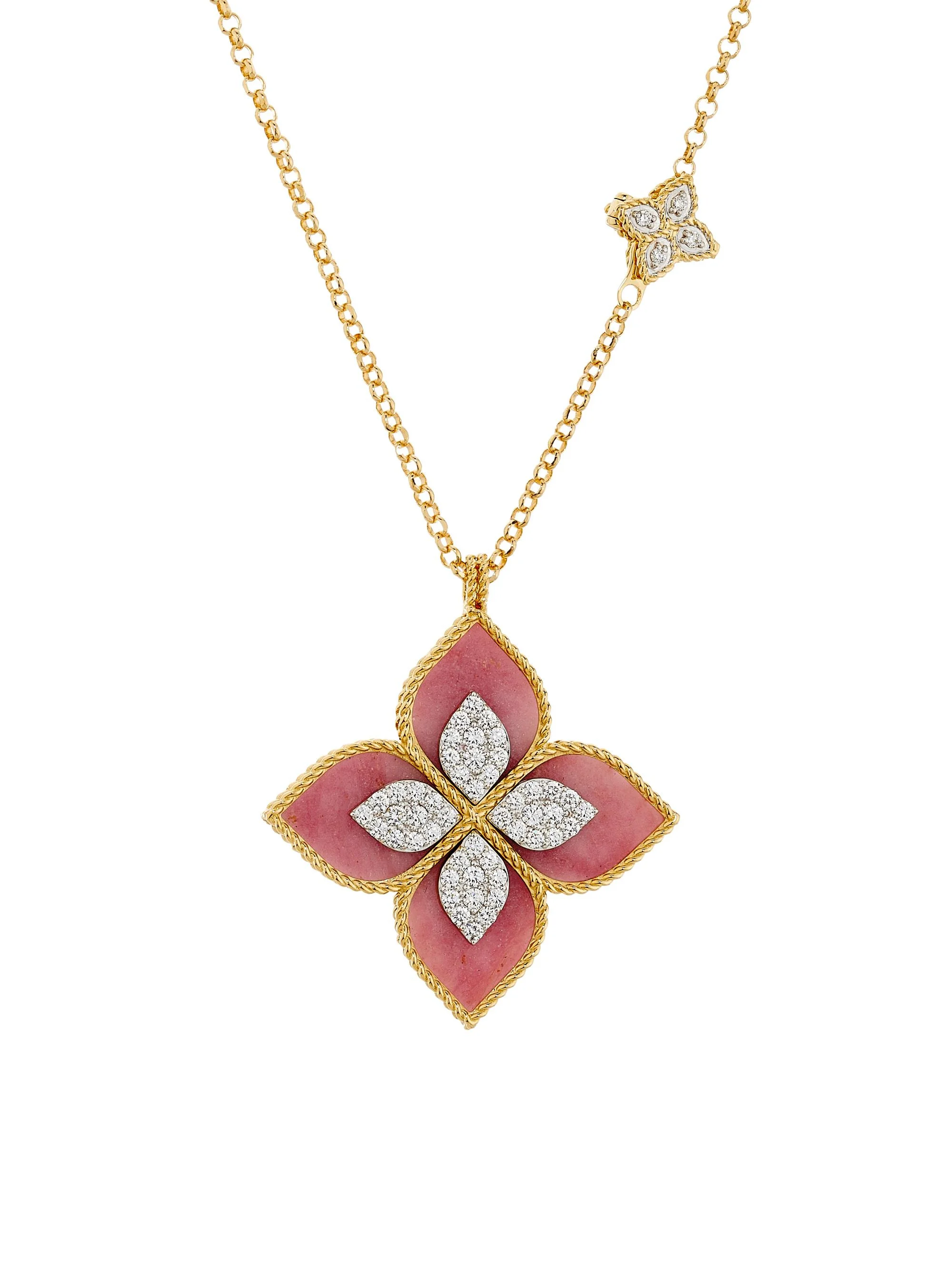 Women's Venetian Princess 18K Yellow Gold, Rhodonite & 0.72 TCW Diamond Flower Pendant Necklace - Ye - 1