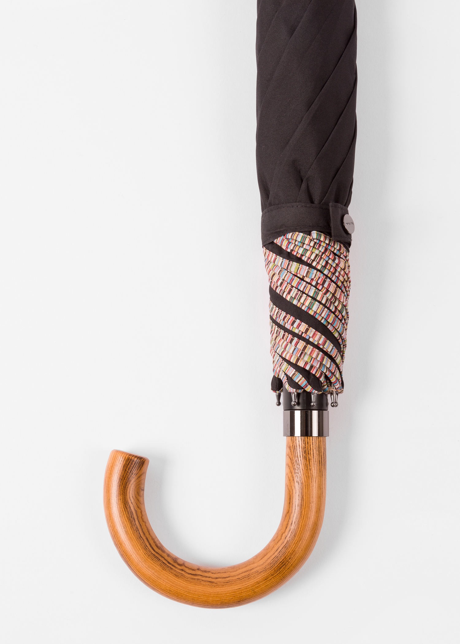 Black 'Signature Stripe' Border Compact Umbrella With Crook Wooden Handle - 4