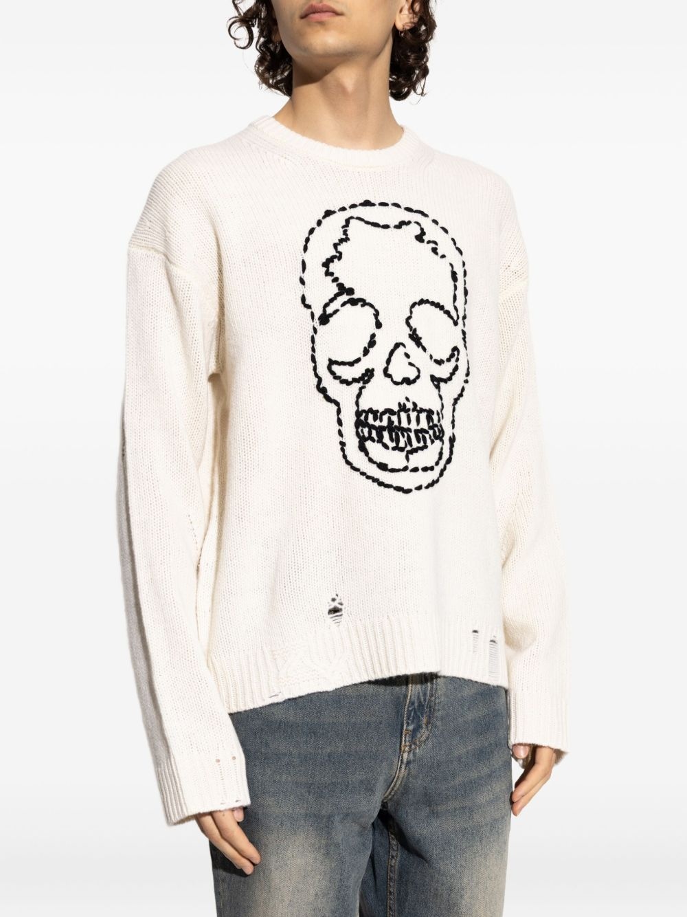 skull-embroidered distressed sweater - 3