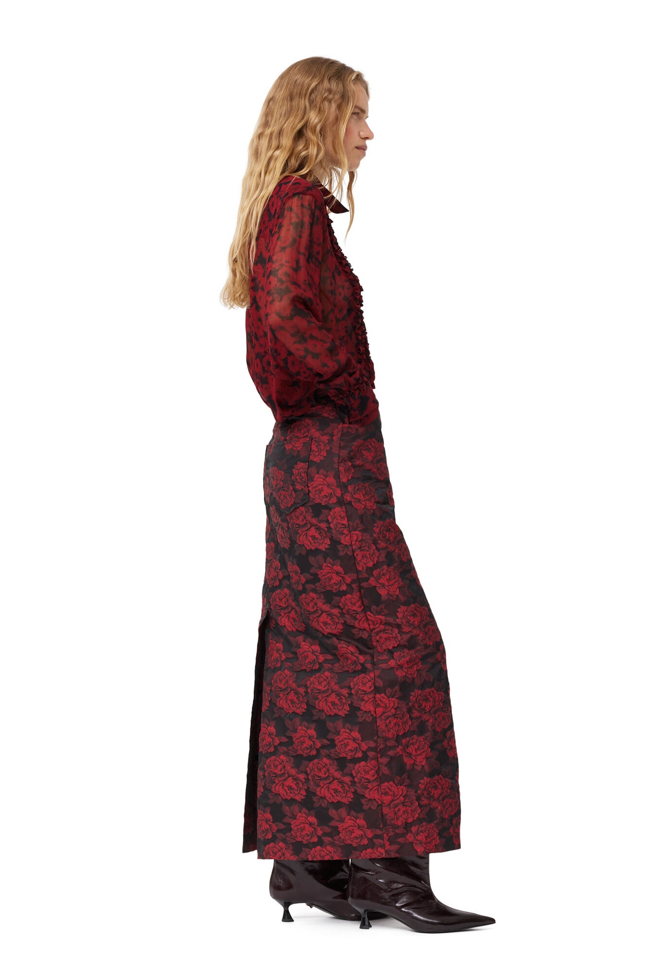 RED BOTANICAL JACQUARD LONG SKIRT - 4