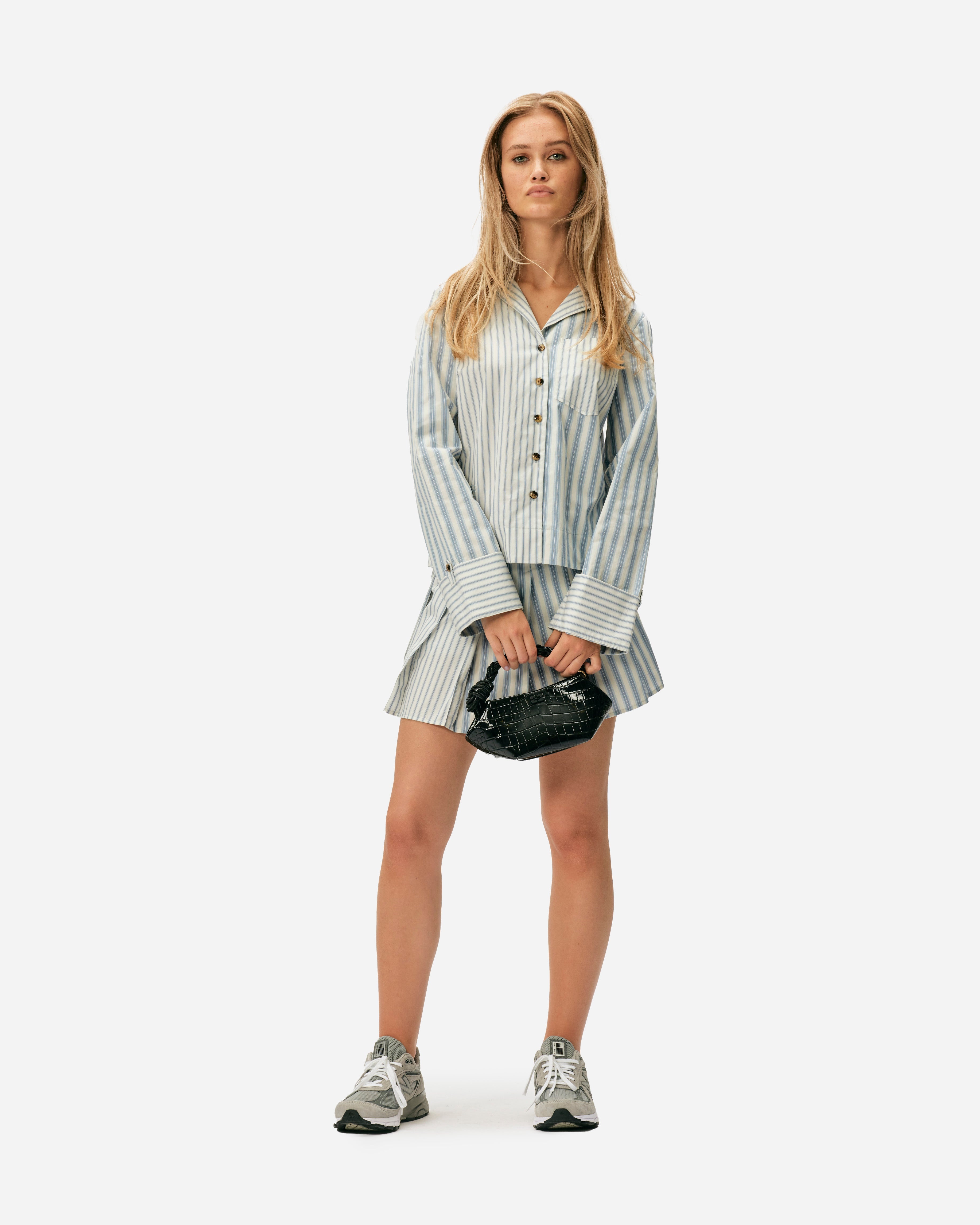 Stripe Cotton Pleated Mini Skirt - 2