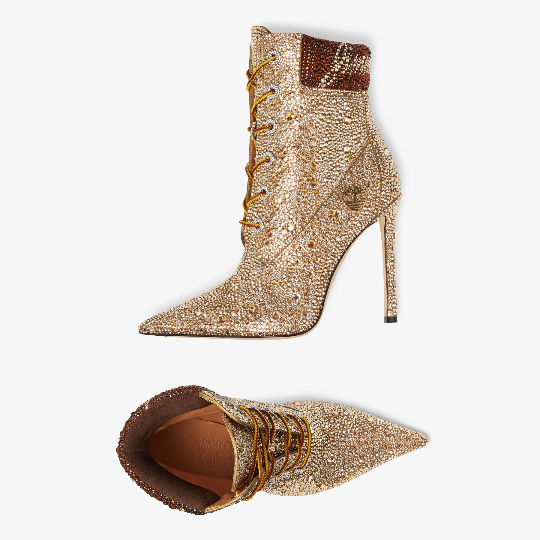 JIMMY CHOO X TIMBERLAND 6 INCH CRYSTAL BOOT
Gold Timberland Shimmer Suede Ankle Boots with Hotfix Cr - 5