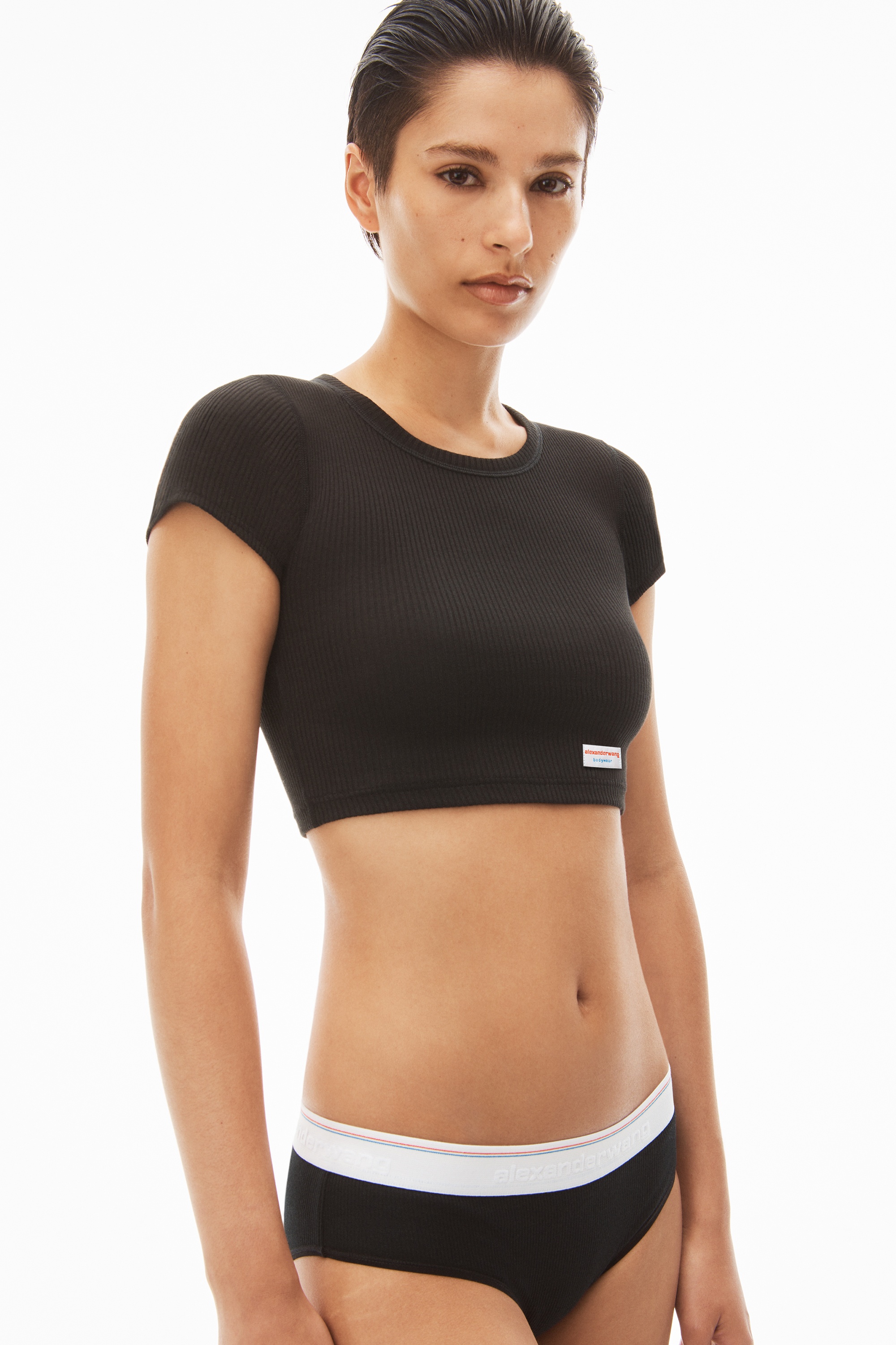 Cropped Short-Sleeve Tee in Ribbed Cotton Jersey - 3