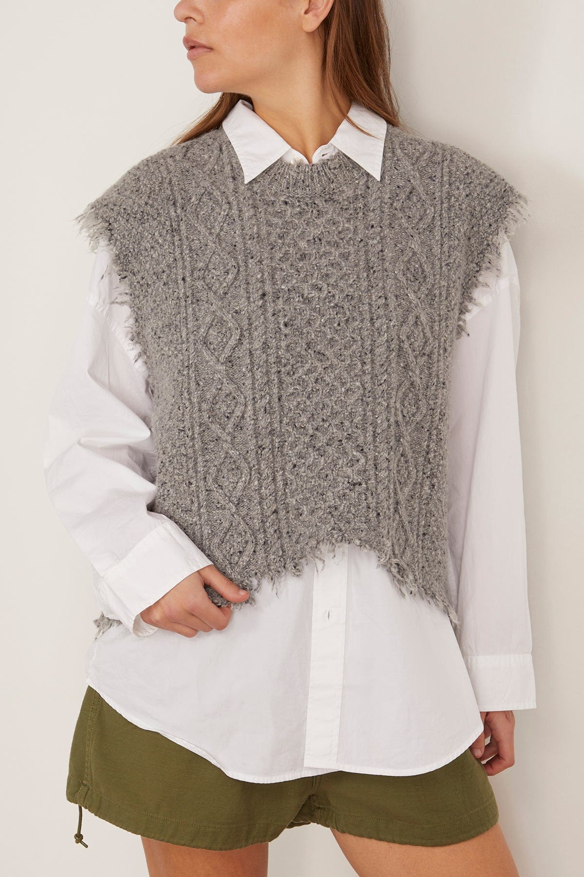 Boyfriend Cable Sweater Vest in Heather Grey Tweed - 3