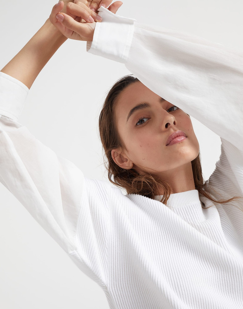 Cotton English rib knit sweater with organza sleeves 3