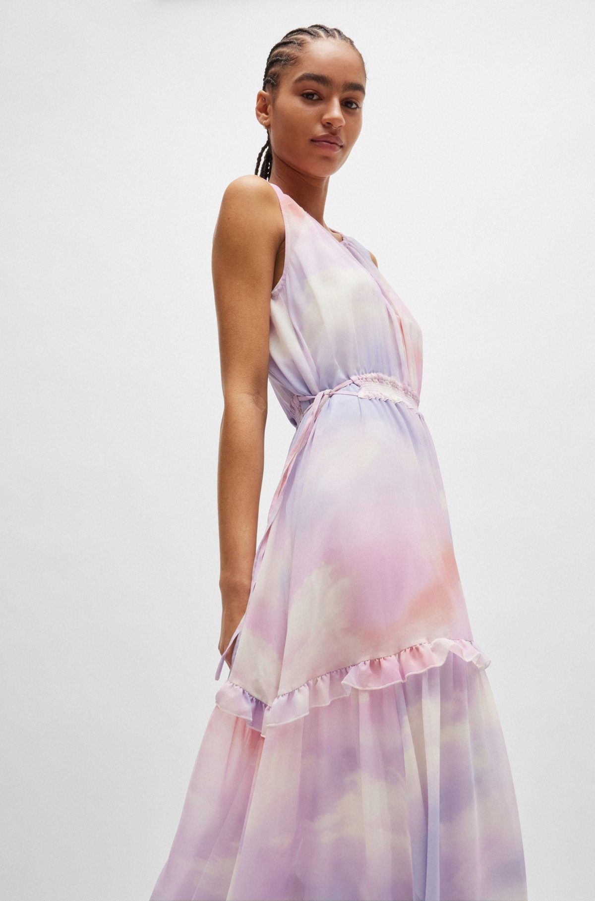 SLEEVELESS REGULAR-FIT PRINTED DRESS WITH FRILL TRIMS - 6