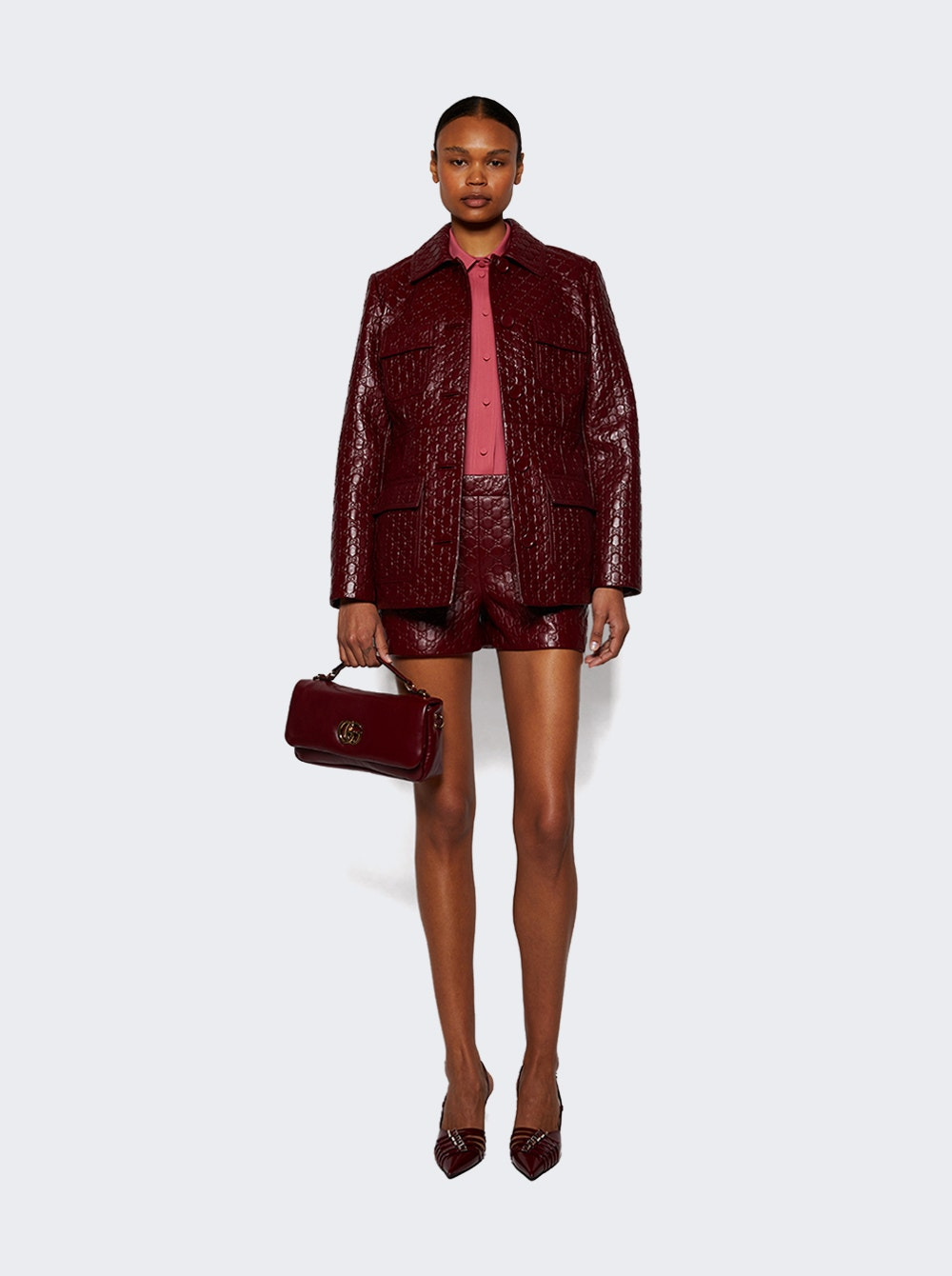 Gg Embossed Leather Shorts Rosso Ancora - 2