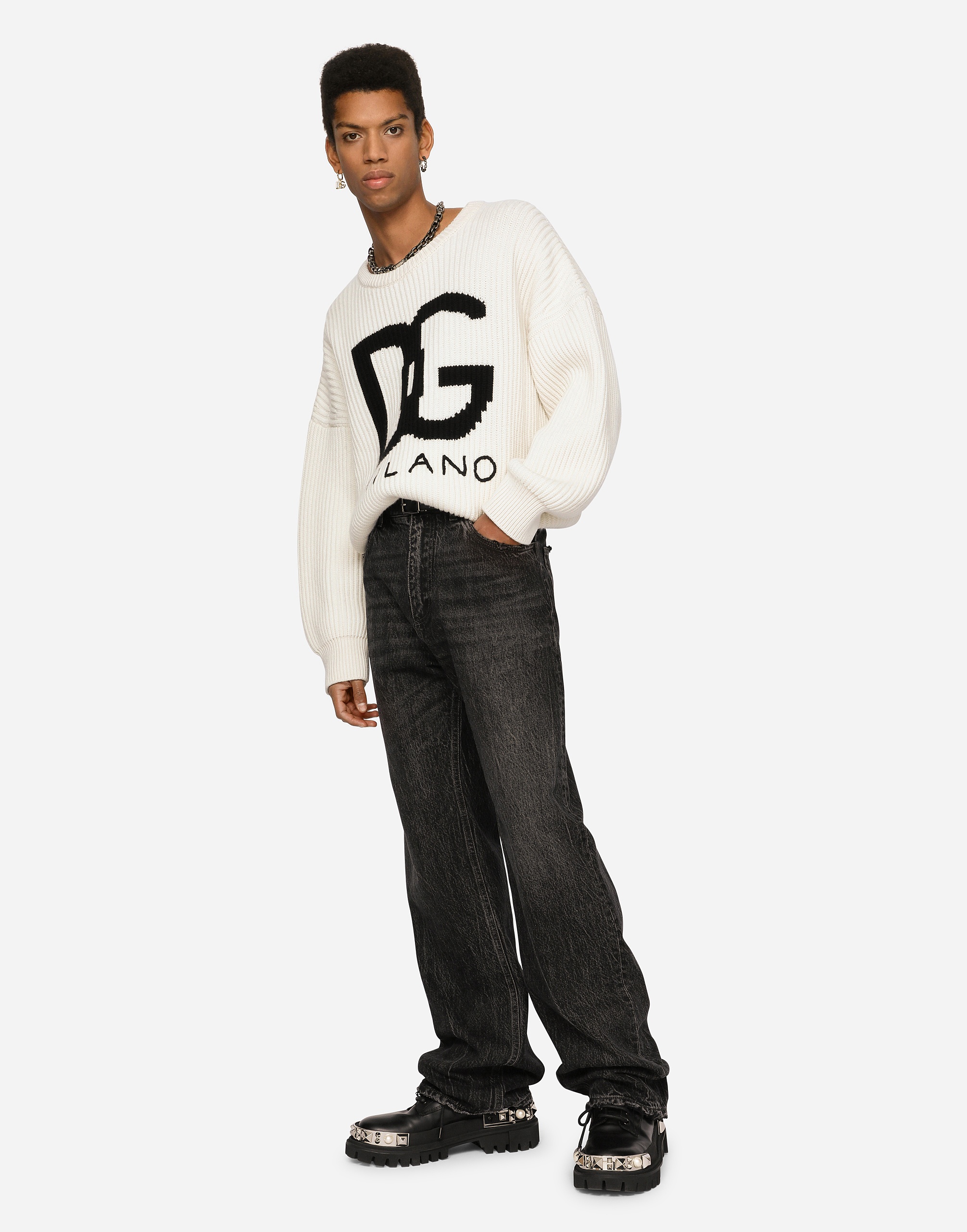 Cashmere round-neck sweater with DG logo inlay - 5