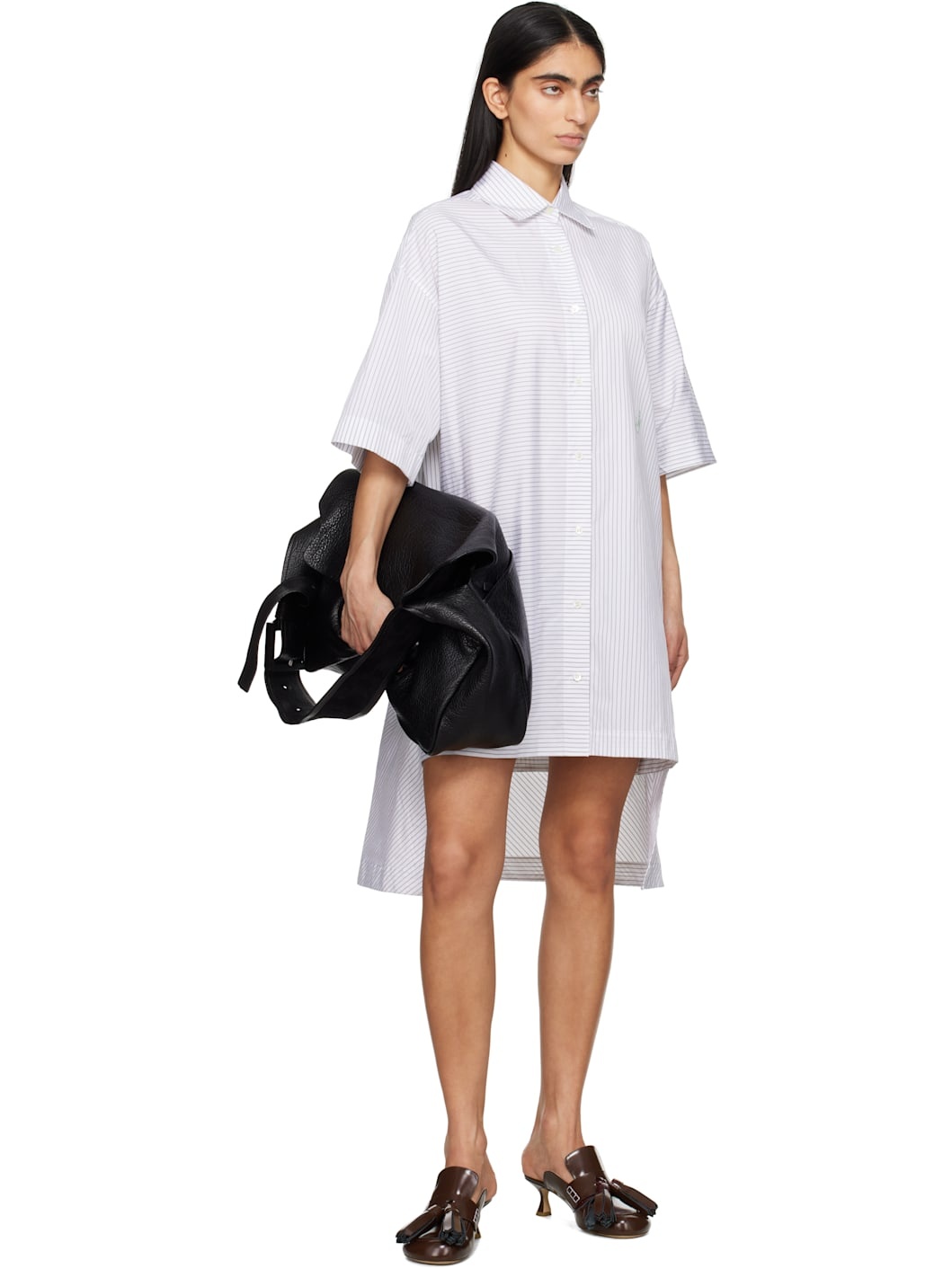 White Stepped Hem Shirt Midi Dress - 4