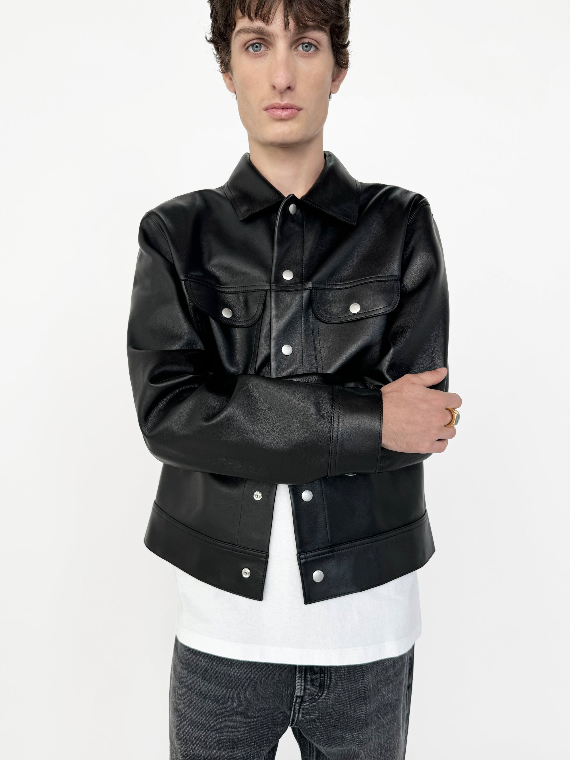 Leather Trucker Jacket in Black - 2