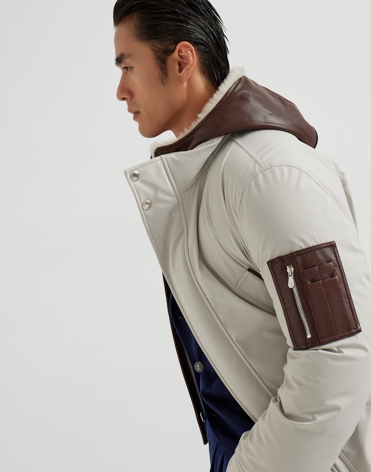 Stretch bonded nylon parka with down padding and detachable bib with shearling-lined hood - 4