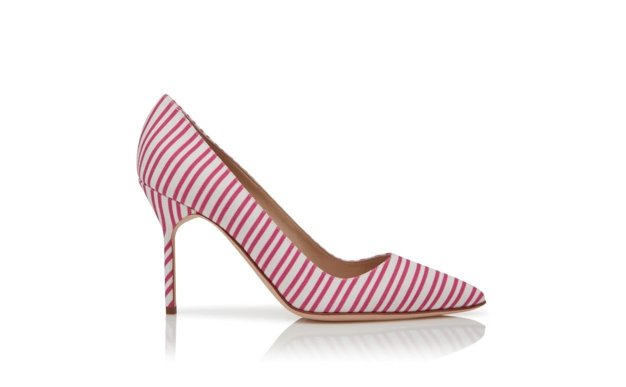 Pink Cotton Striped Pointed Toe Pumps - 1