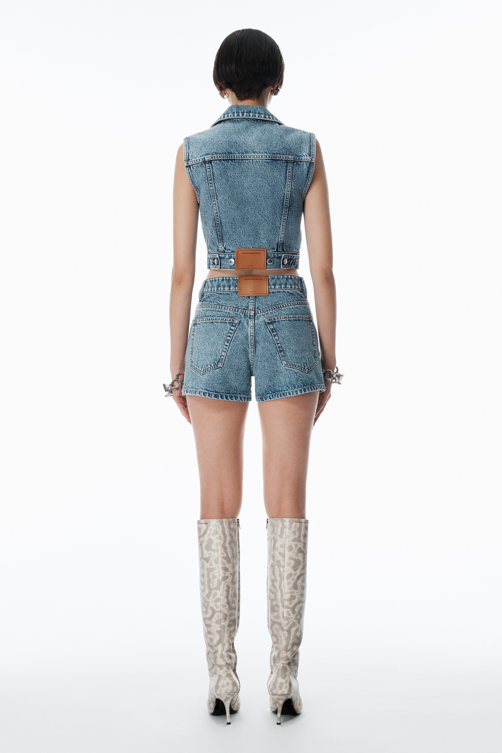 Alexander Wang Clear Bead Hotfix Denim Vest with Tie Front