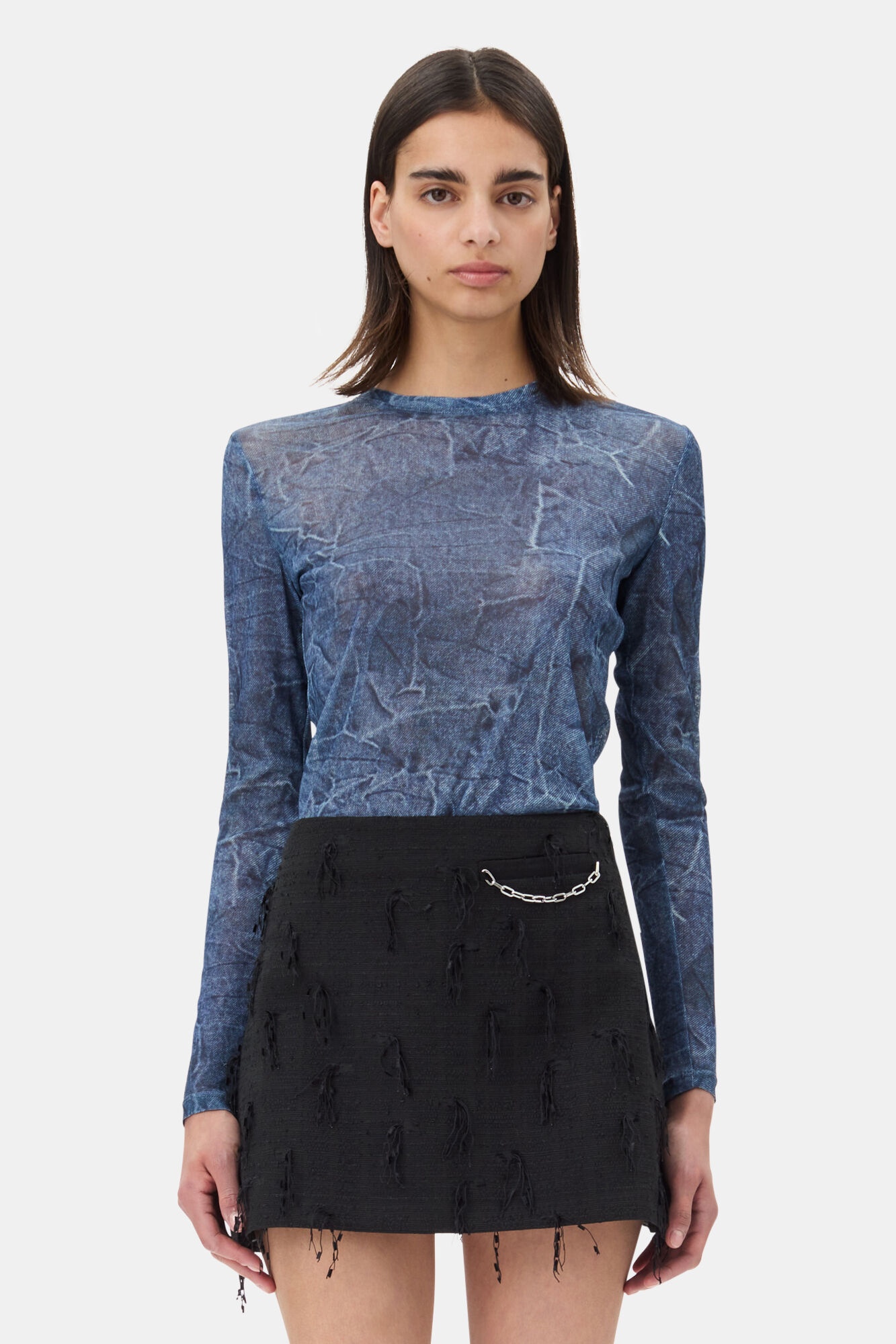 BLUE PRINTED MESH LONG SLEEVE BLOUSE - 2