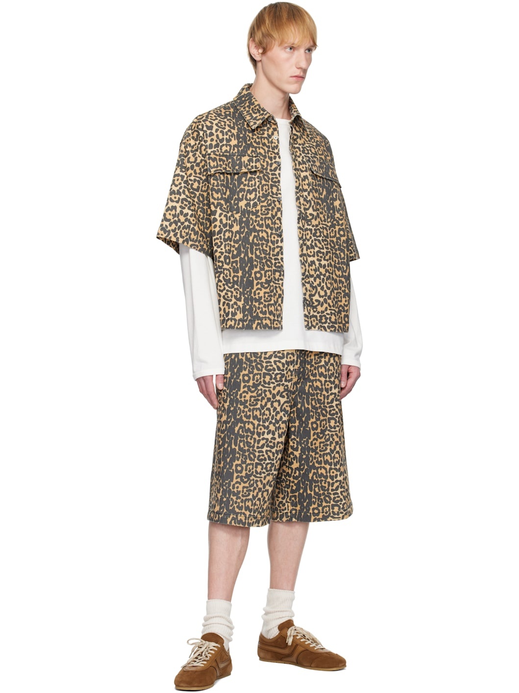 Beige Leopard Traxedo Baggy Denim Shorts - 4