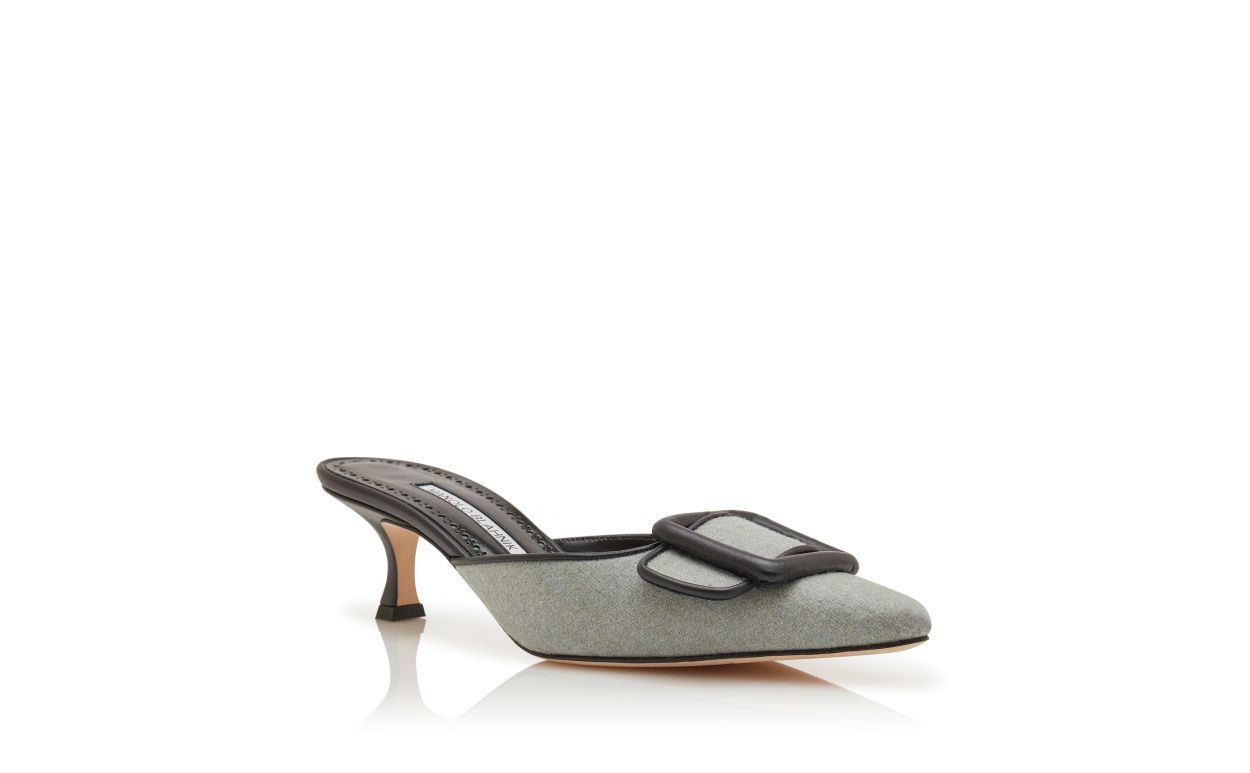 Light Green and Black Wool Buckle Detail Mules - 3