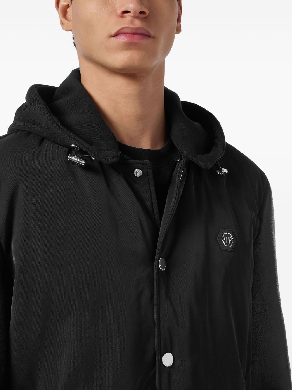 leather-sleeve hooded bomber jacket - 4