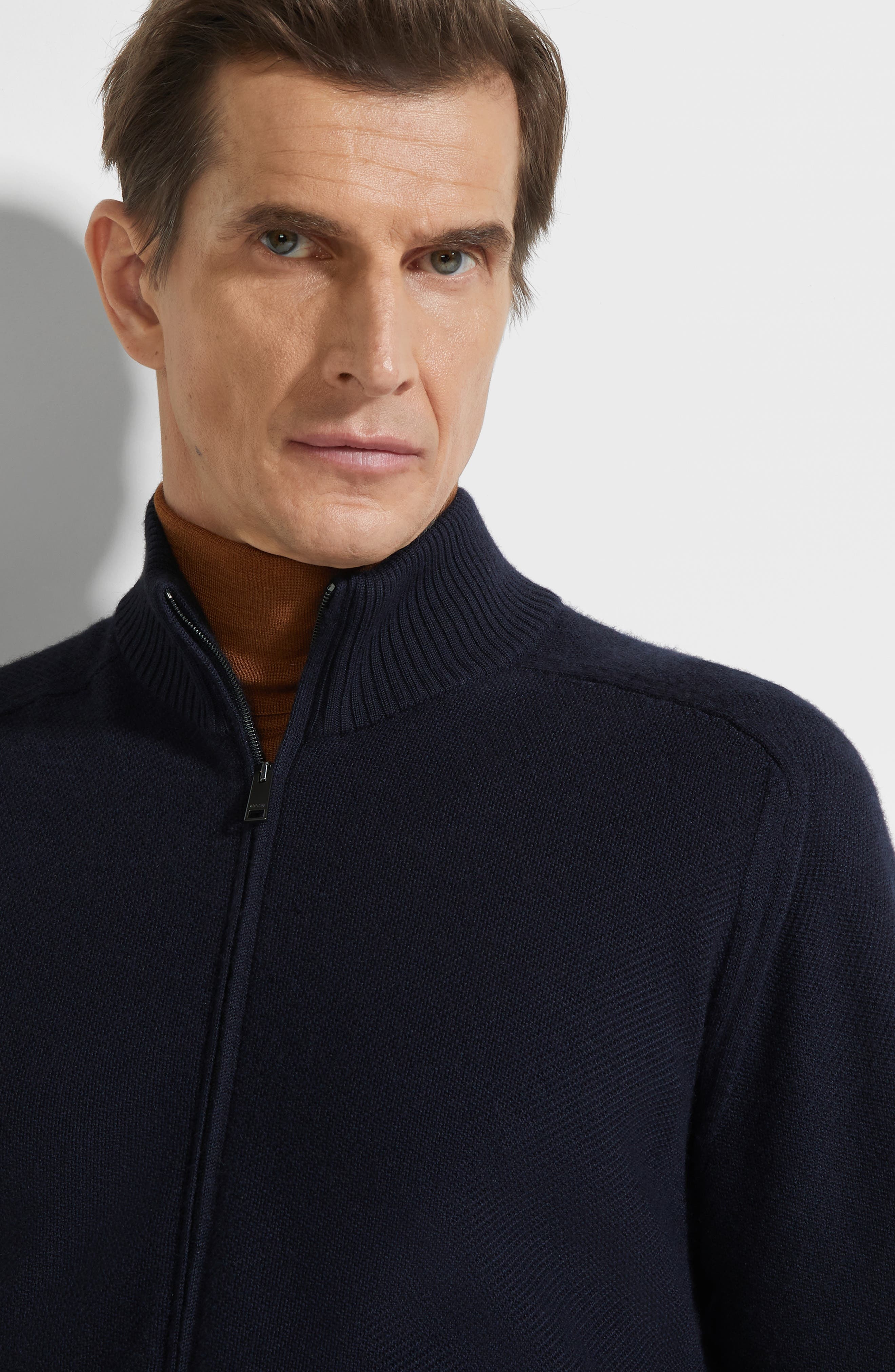ZEGNA Cashseta Cashmere & Silk Mock Neck Zip Sweater in Navy at Nordstrom - 3