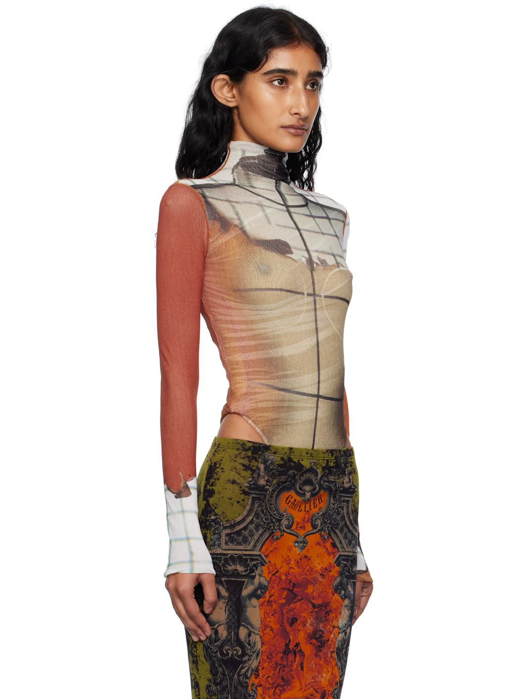Orange & White Long Sleeves Twisted Printed Fire Bodysuit - 2