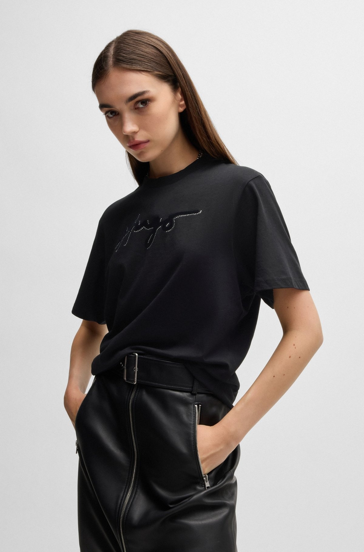 COTTON T-SHIRT WITH FLOCK PRINT AND RHINESTONES - 2