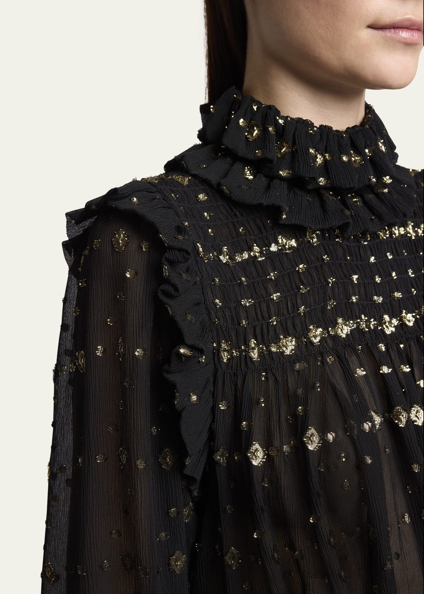 Smocked Sheer High Neck Embroidered Blouse - 5