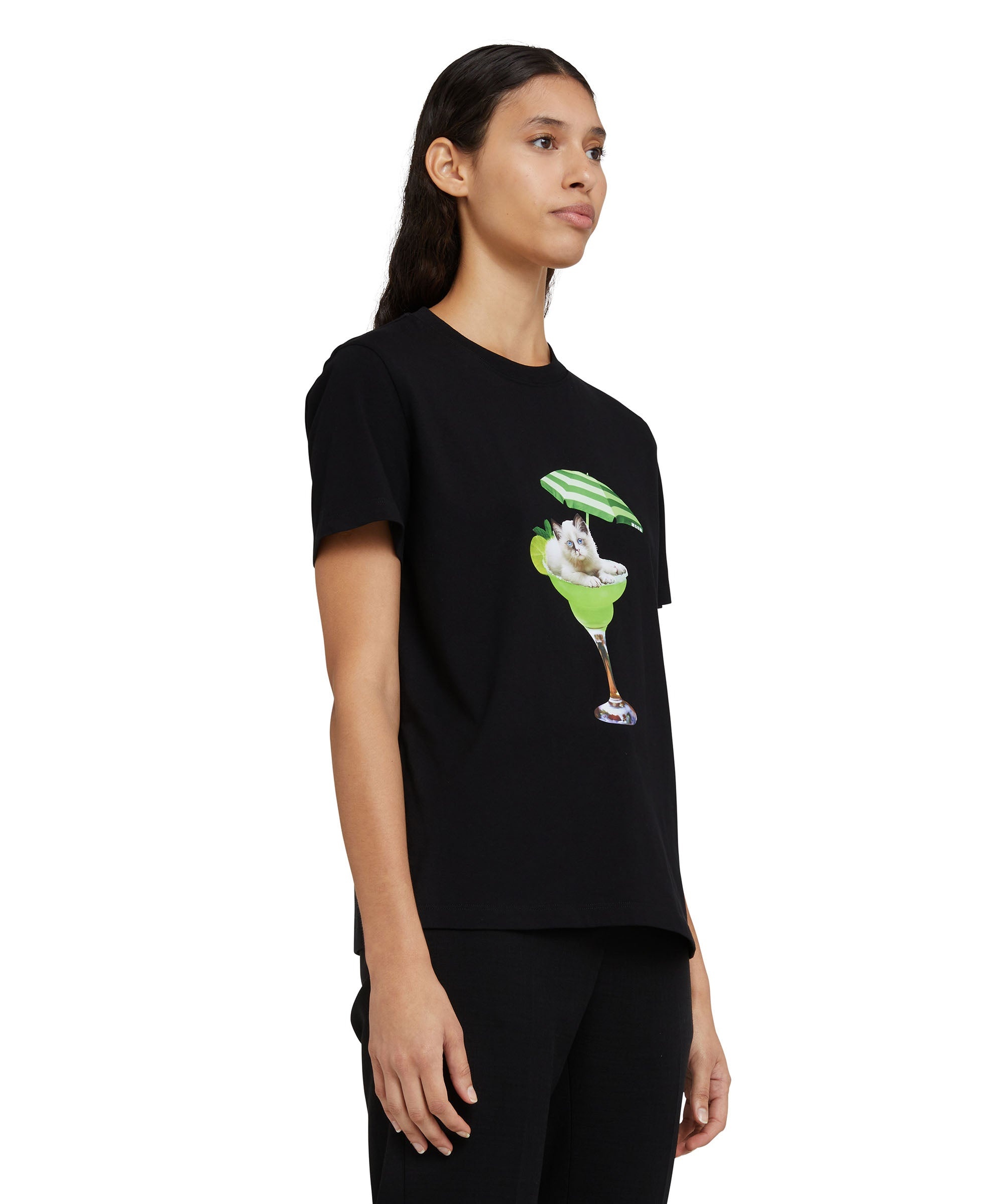 Cotton crewneck t-shirt with "cocktail cat" graphic - 4
