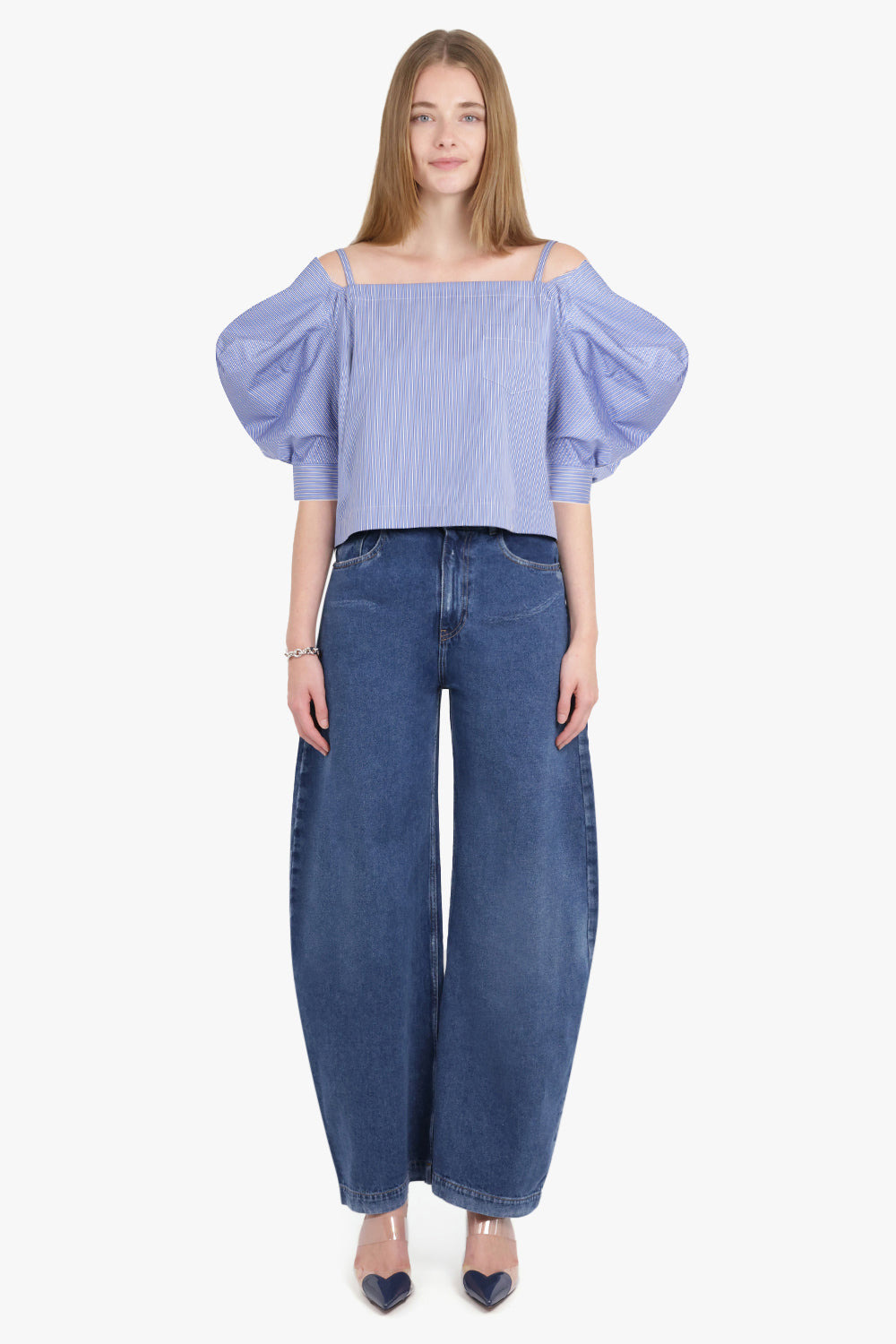 OFF SHOULDER STRIPE TOP WITH EXAGGERATED WING SLEEVE | BLUE - 3