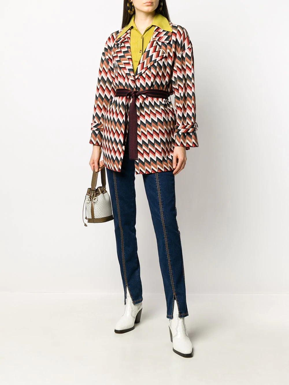 zigzag-print tie waist cardi-coat - 2