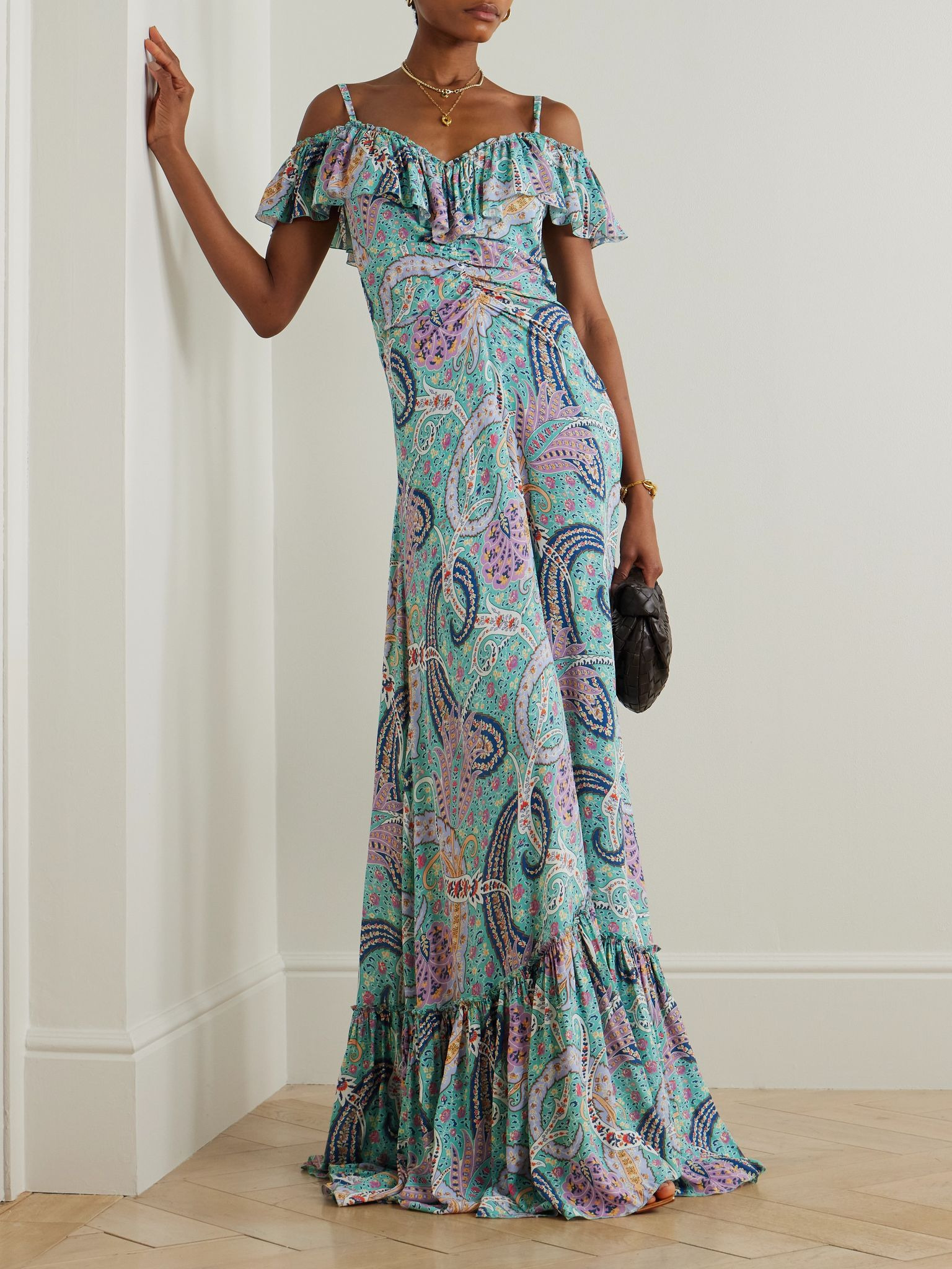 Off-the-shoulder ruffled paisley-print georgette maxi dress Light blue - 2