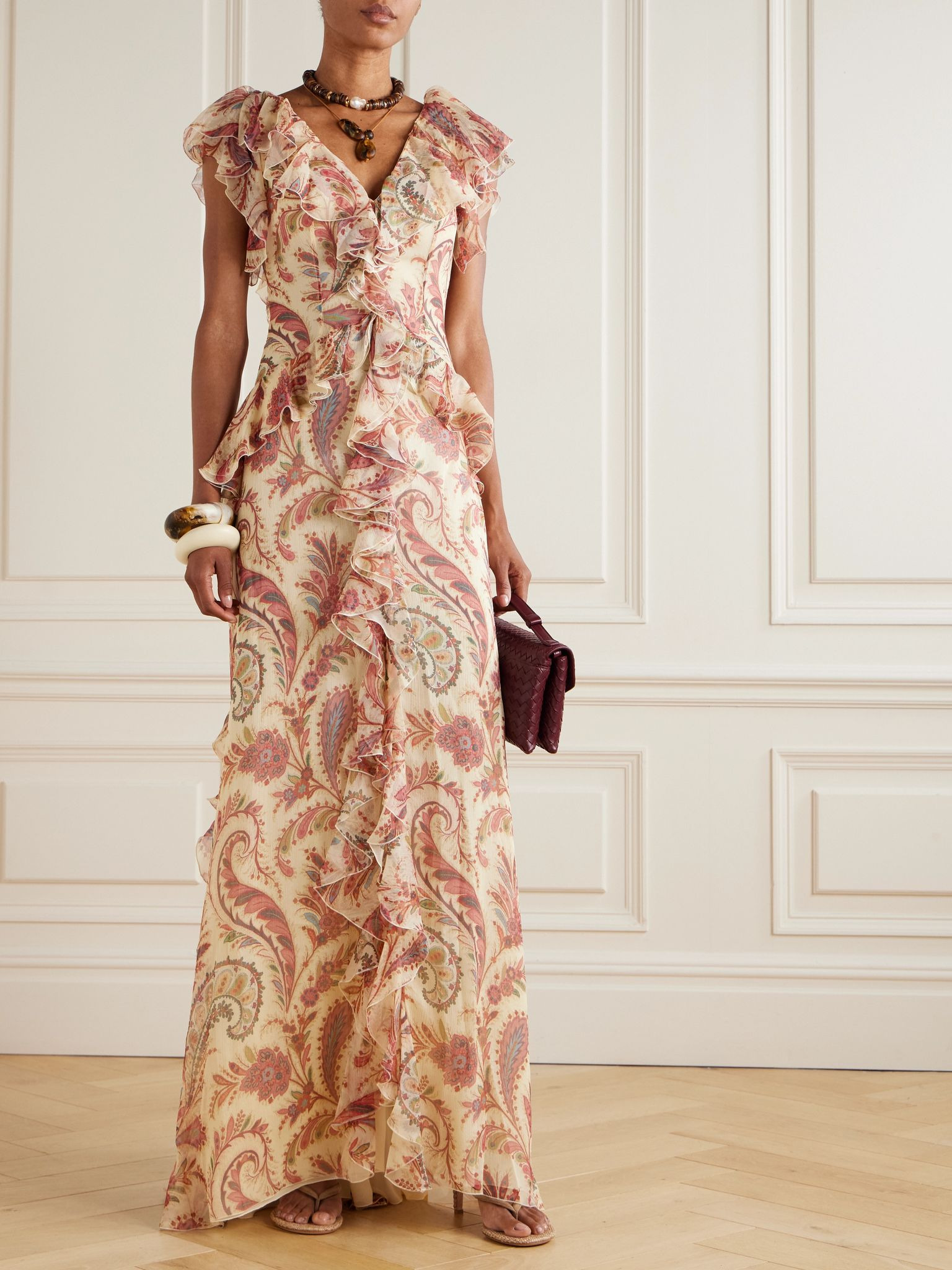 Ruffled printed silk-crepon maxi dress Pink - 2