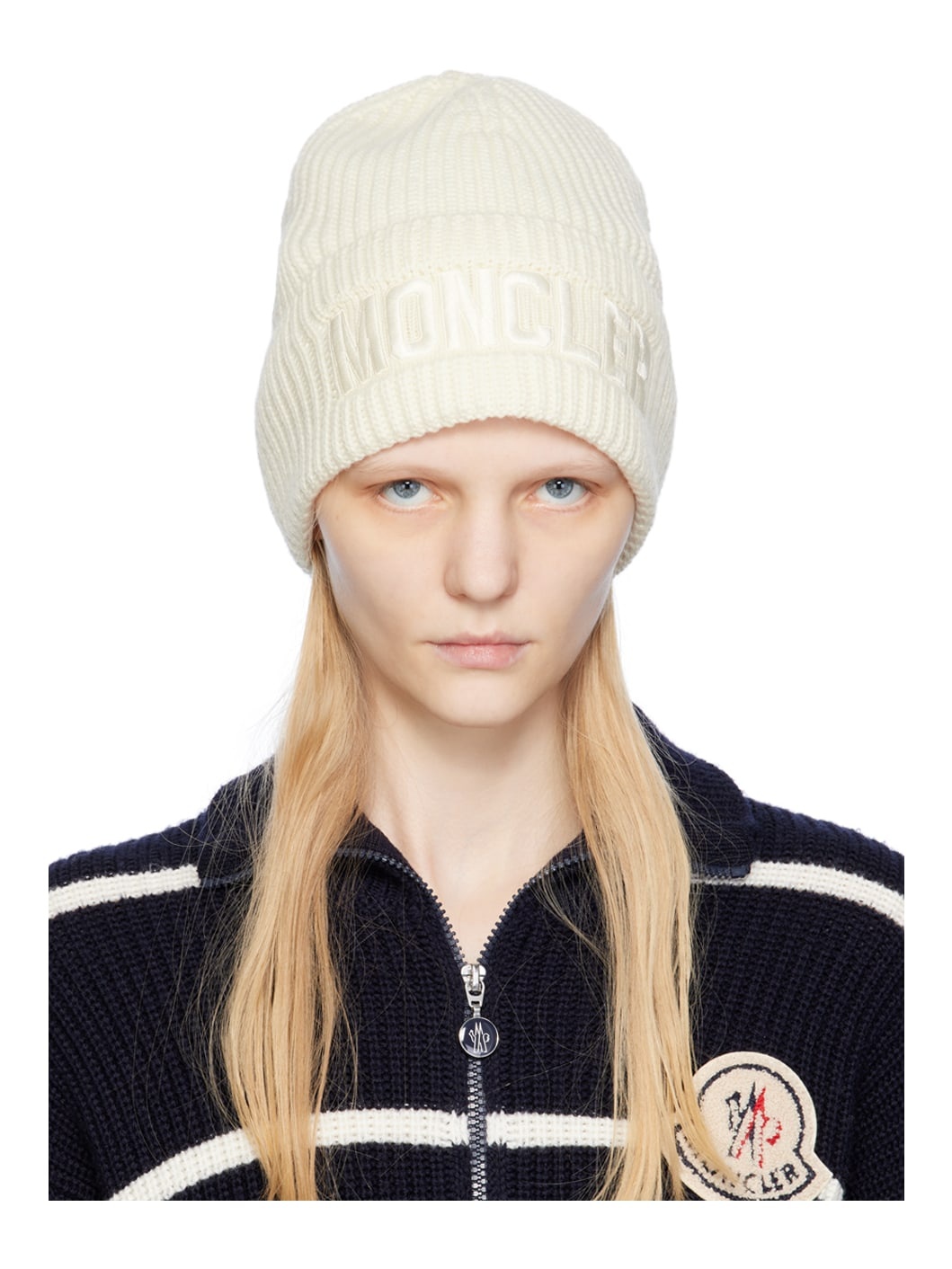 White Embroidered Beanie - 1