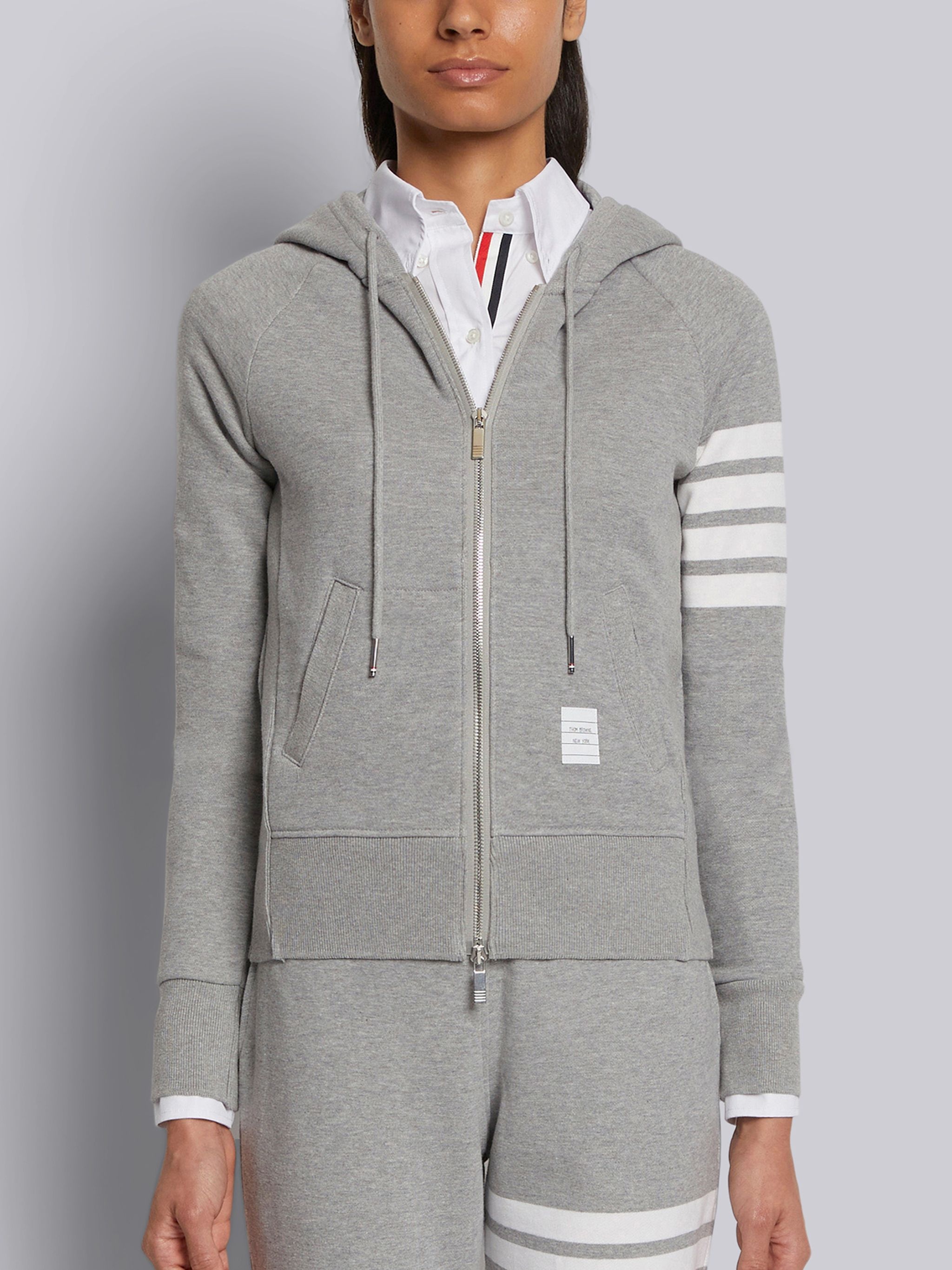 Light Grey Loopback Jersey Knit Engineered 4-bar Stripe Zip up Hoodie - 1