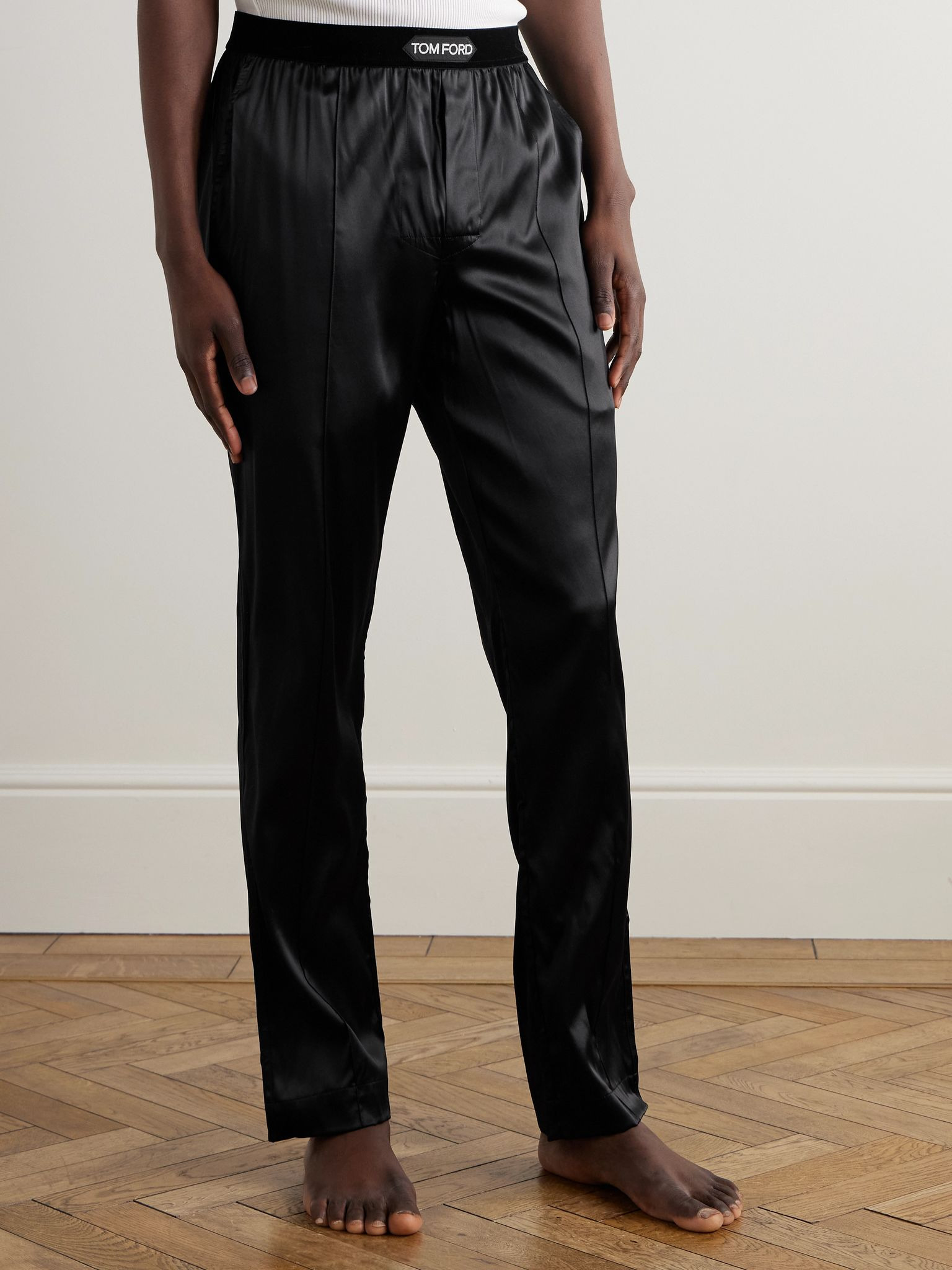 Velvet-Trimmed Stretch-Silk Satin Pyjama Trousers Black - 3