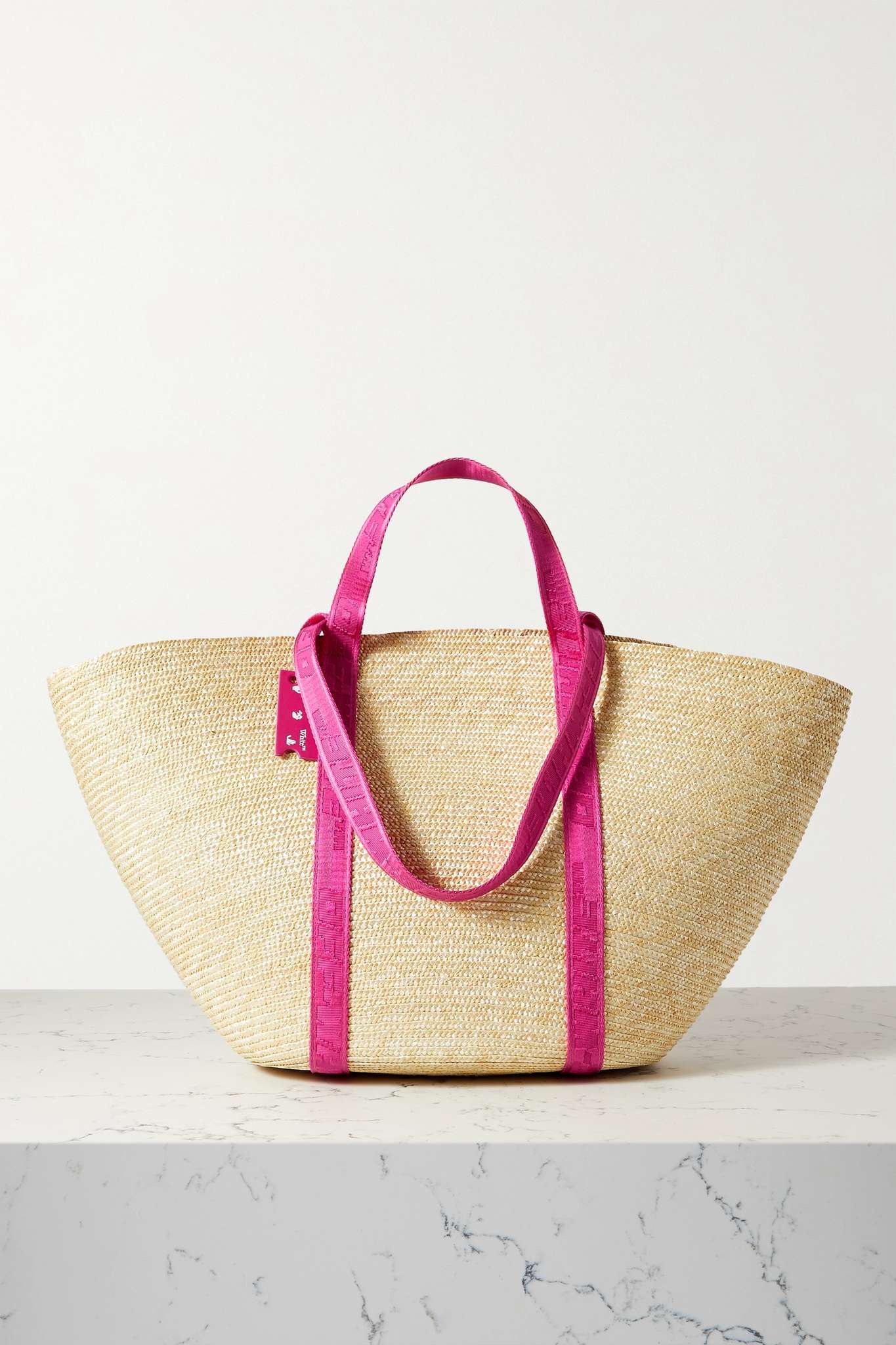 Commercial leather and canvas-jacquard trimmed straw tote - 1
