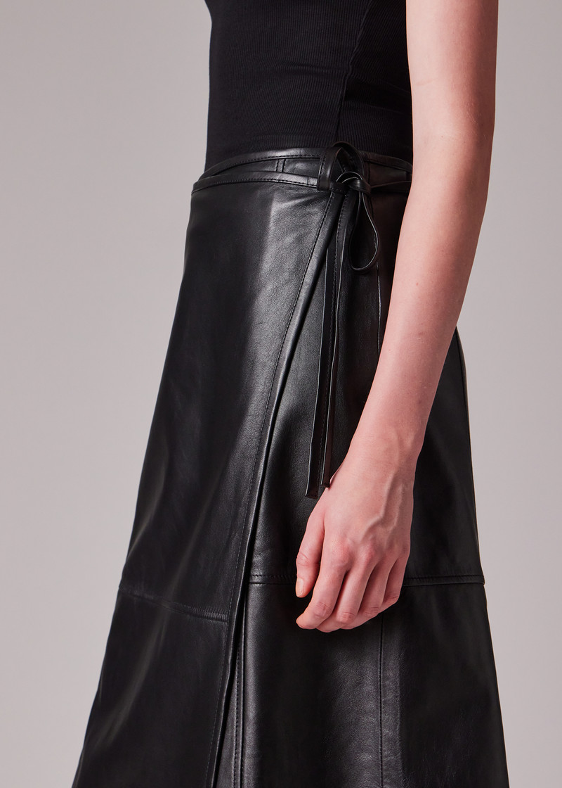 Women's Black Leather Midi Wrap Skirt 7