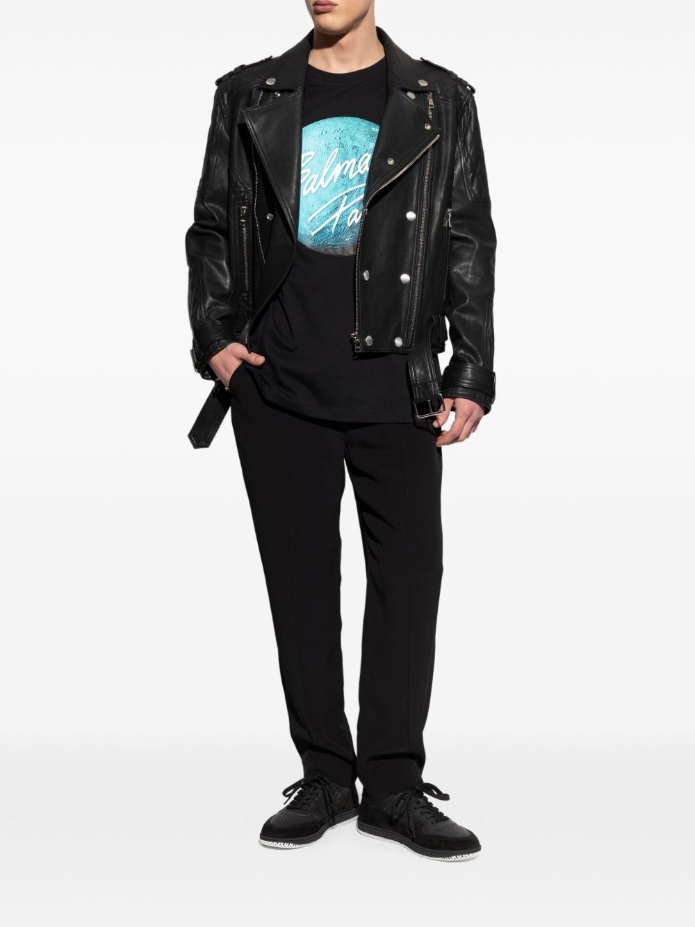 double-breasted leather biker jacket - 2