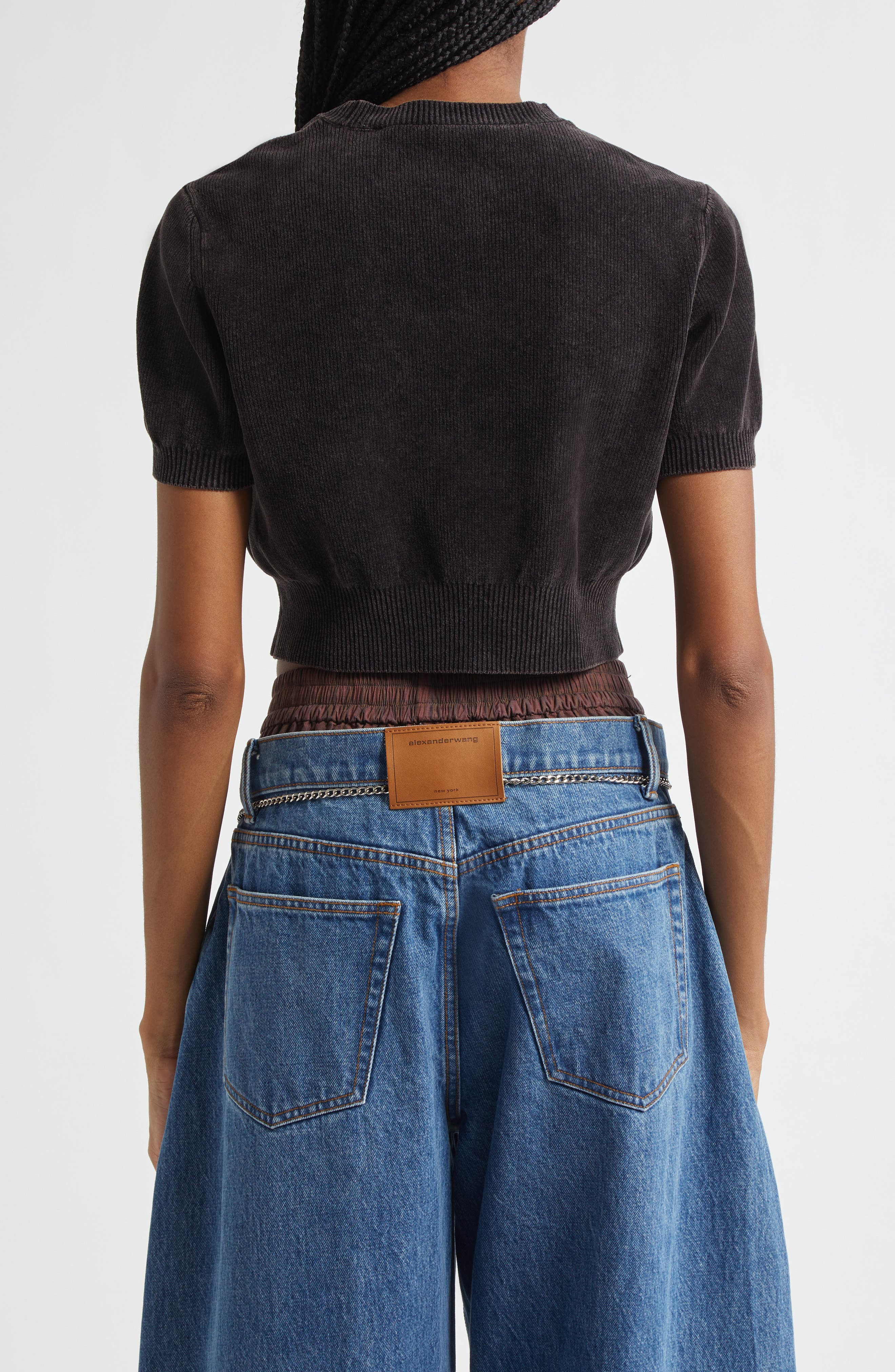 Alexander Wang Logo Short Sleeve Chenille Crop Sweater in Washed Black at Nordstrom - 3